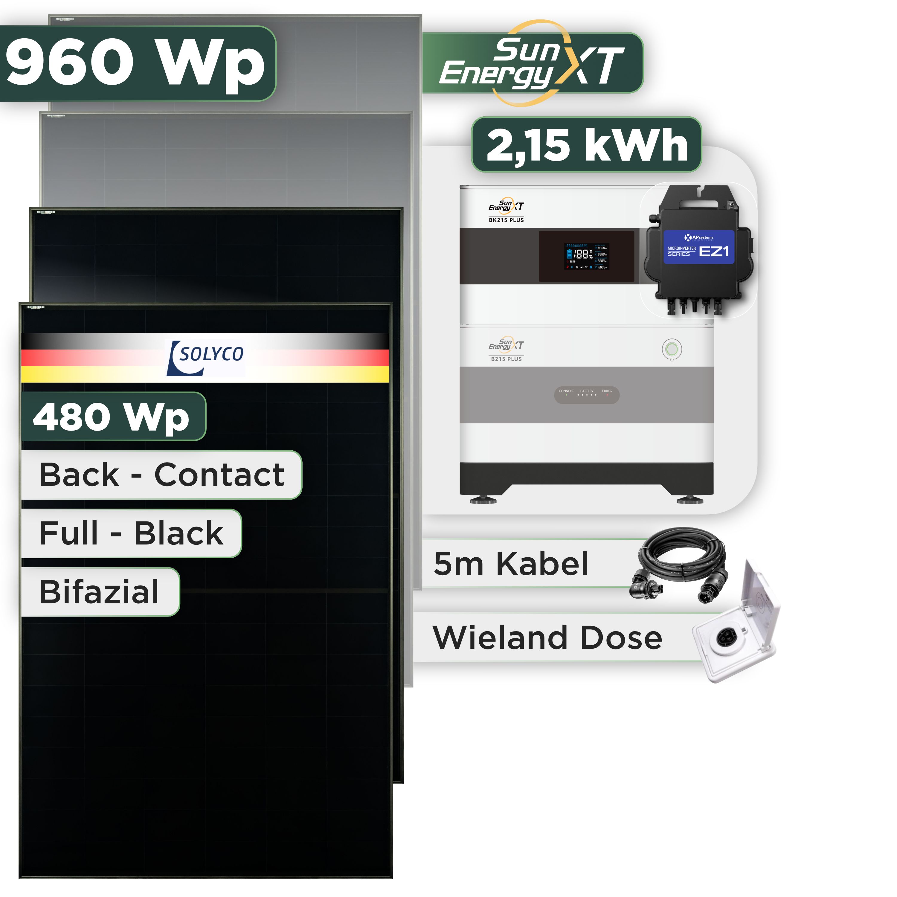 Balkonkraftwerk Set 960 Wp — SunEnergyXT Plus / 2,15 kWh / Solyco 480 Wp Glas-Glas Fullblack Back Contact Modul  / 2 Module / APSystems EZ1-M (bis 800 W) / Wieland Stecker + Dose / 5 m