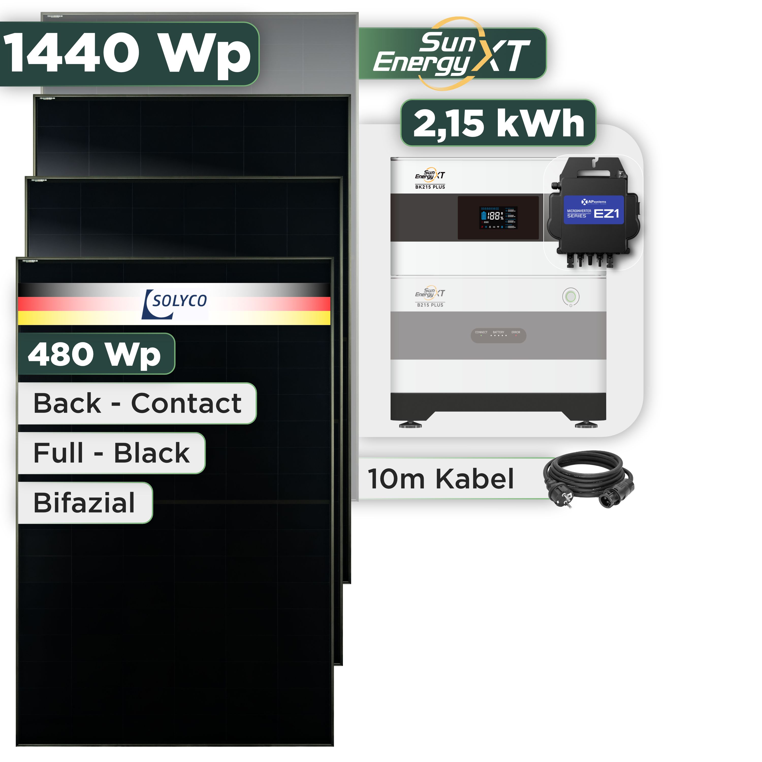 Balkonkraftwerk Set 1440 Wp — SunEnergyXT Plus / 2,15 kWh / Solyco 480 Wp Glas-Glas Fullblack Back Contact Modul  / 3 Module / APSystems EZ1-M (bis 800 W) / Schuko Stecker / 10 m