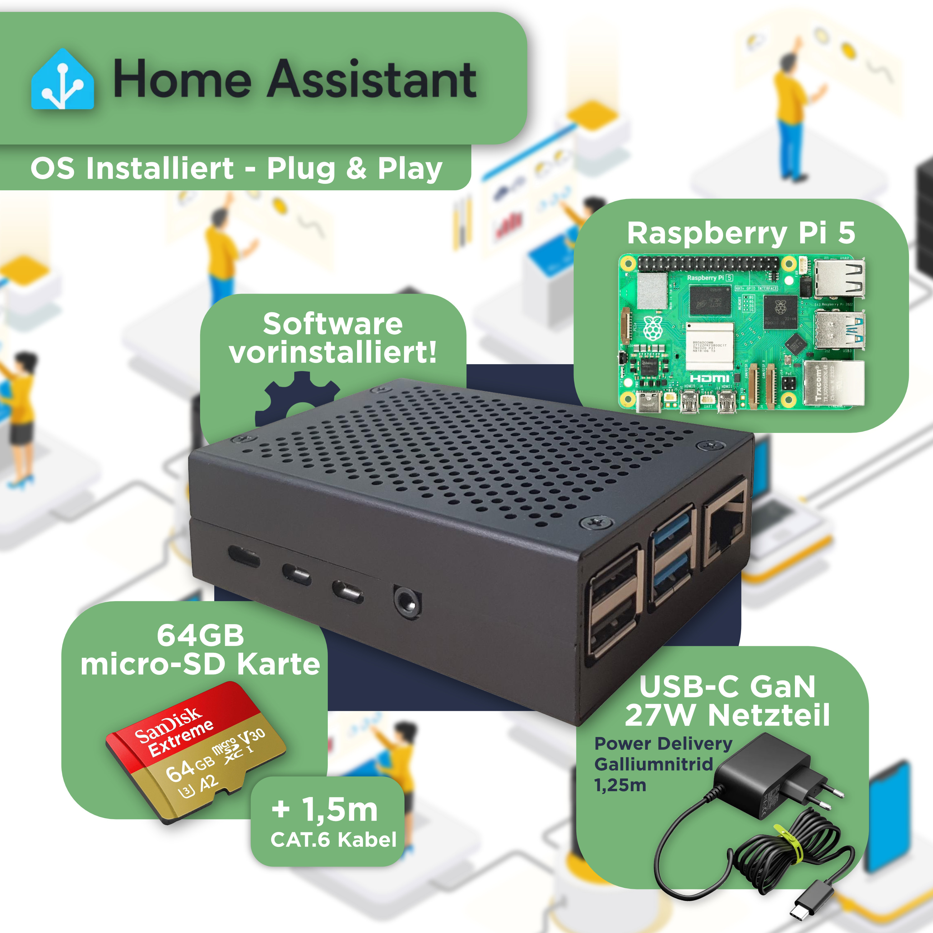 Home Assistant Plug & Play Set inkl. Raspberry Pi 5 – Smart Home & PV-Monitoring (64GB SD, Netzteil, Gehäuse, LAN-Kabel)