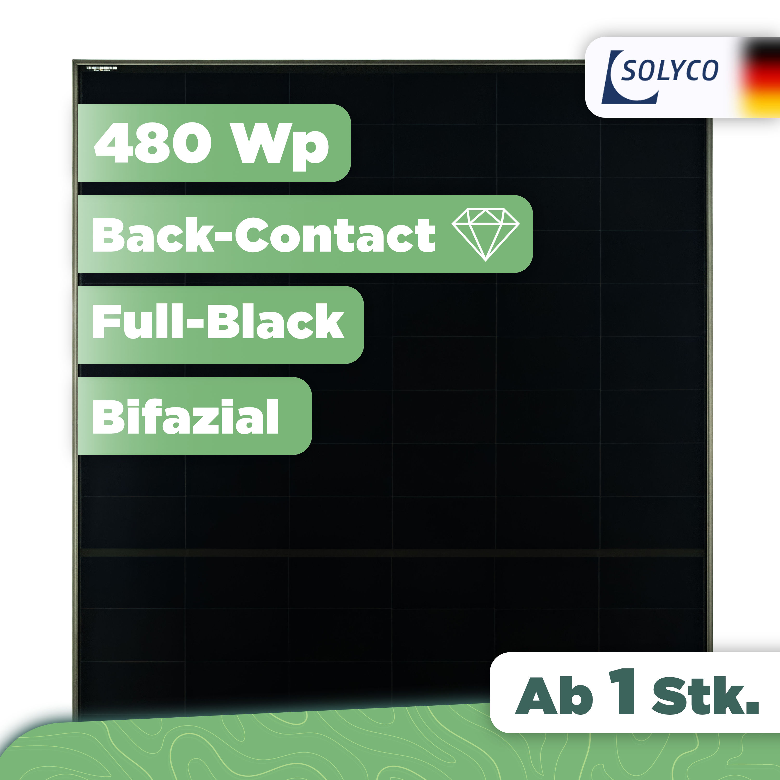 Solyco R-BG 108nBC.6 / 480 Wp — 480 Wp Glas-Glas Fullblack-Modul 1 Stk (Einzelmodul)