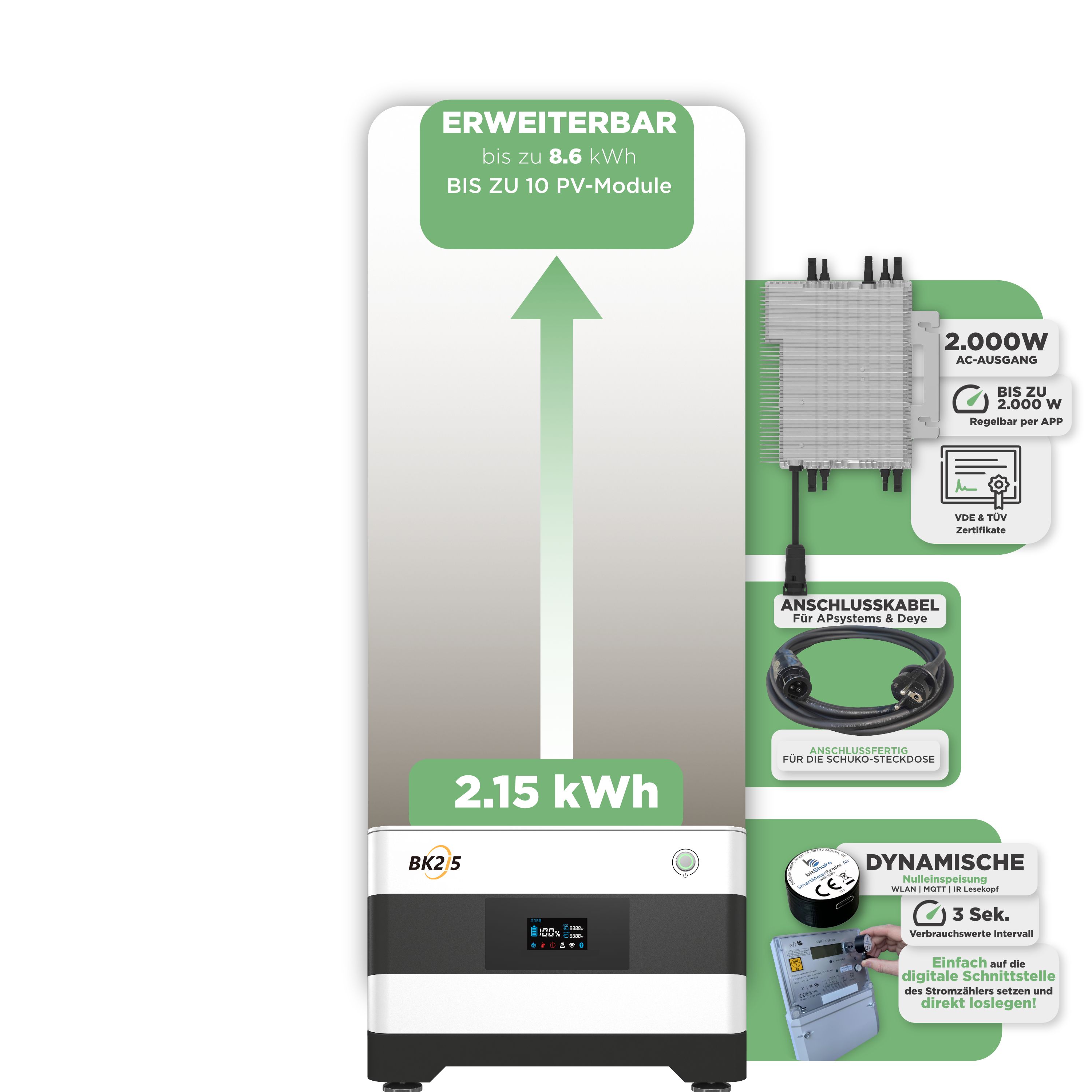 SunEnergyXT Balkonkraftwerkspeicher — 2.150 Wh / mit IR Lesekopf (bitshake) / 2000 W (Deye-SUN-M) / 20 m Schuko Kabel