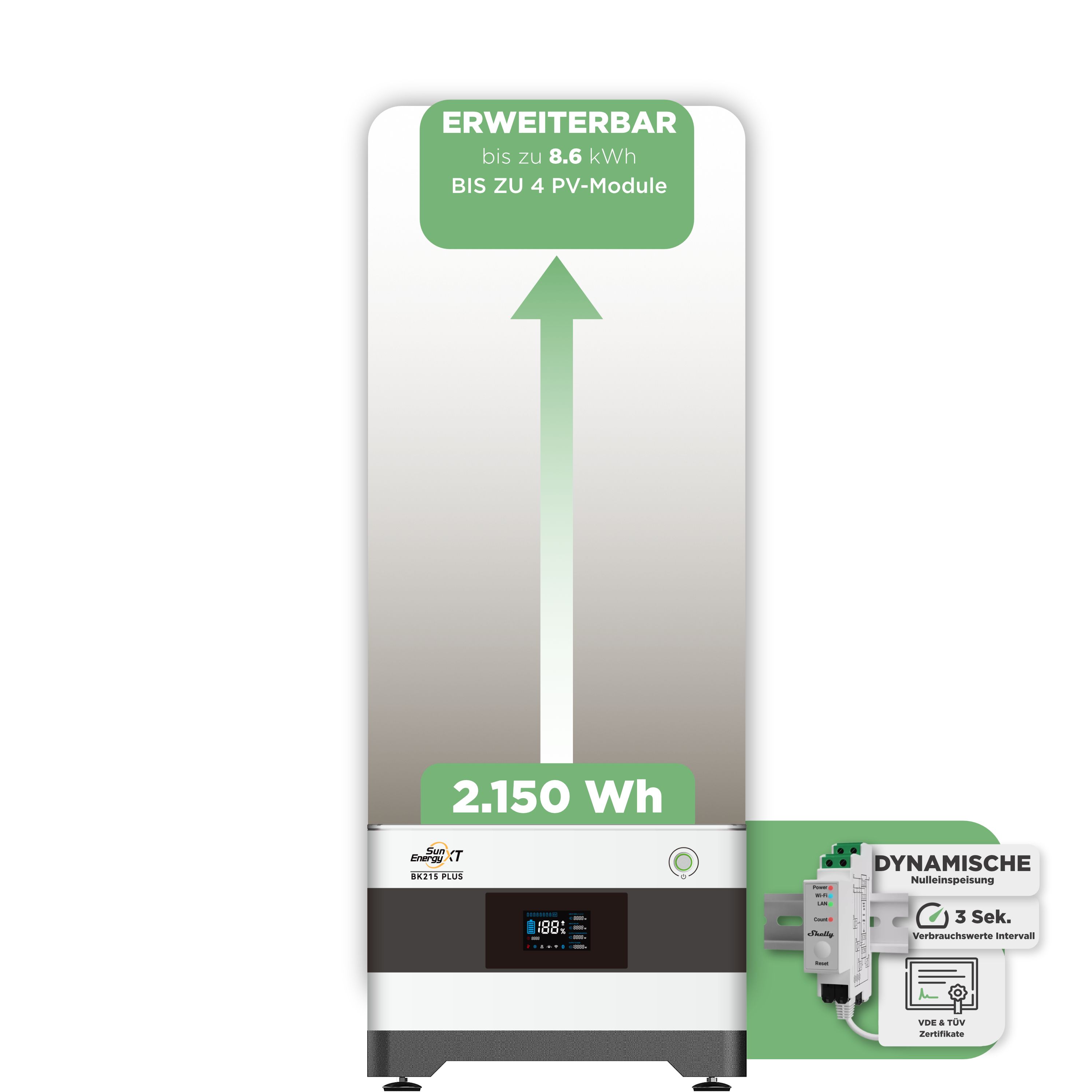 SunEnergyXT BK215 Plus Balkonkraftwerkspeicher — 2.150 Wh / mit Shelly 3EM Pro