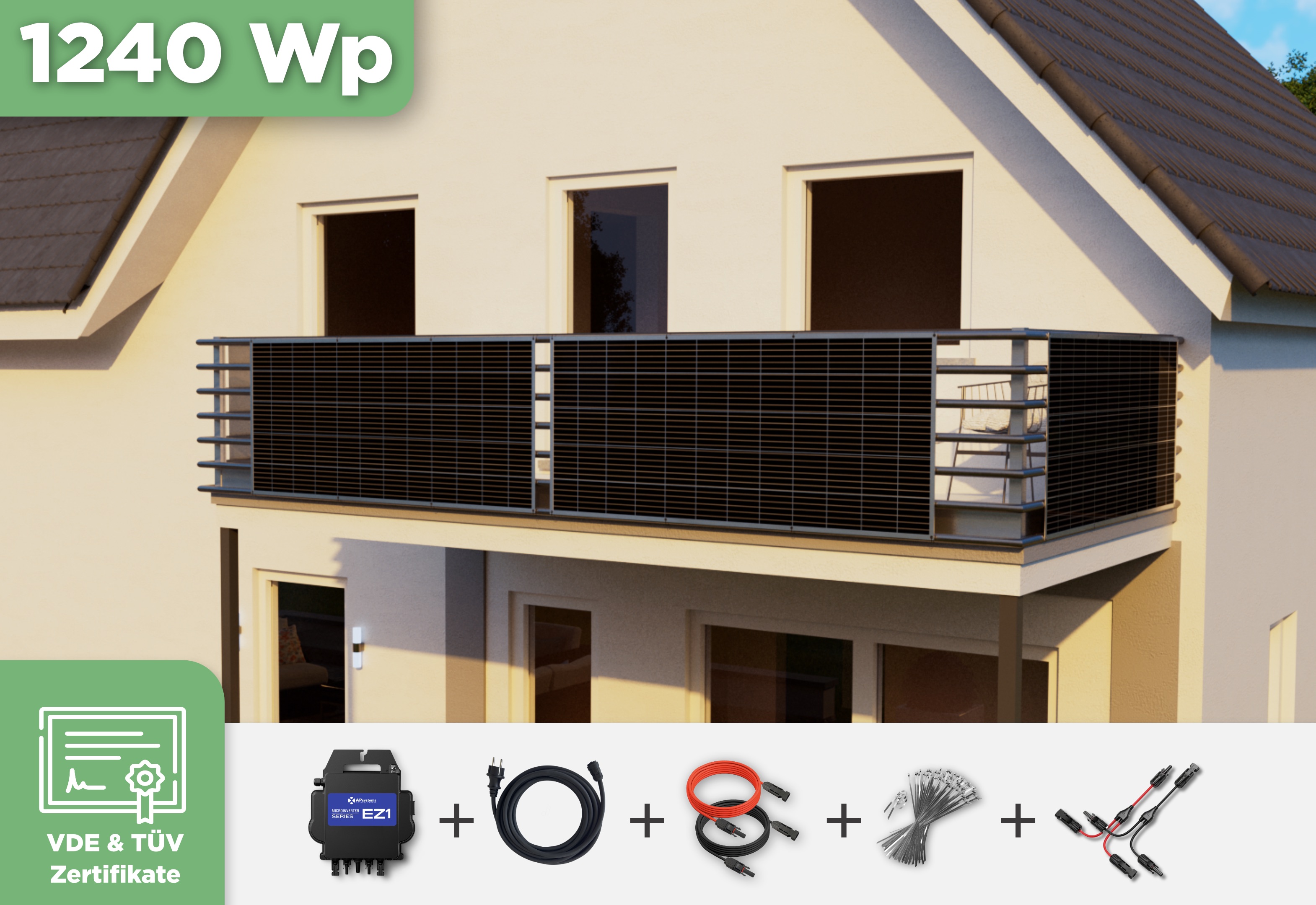 Balkonkraftwerk mit Ultraleicht-Modulen 1240 Wp — APsystems EZ1-M 800 W / Sunman / 310 Wp (89 cm x 201 cm) / 4 Module / 10 m