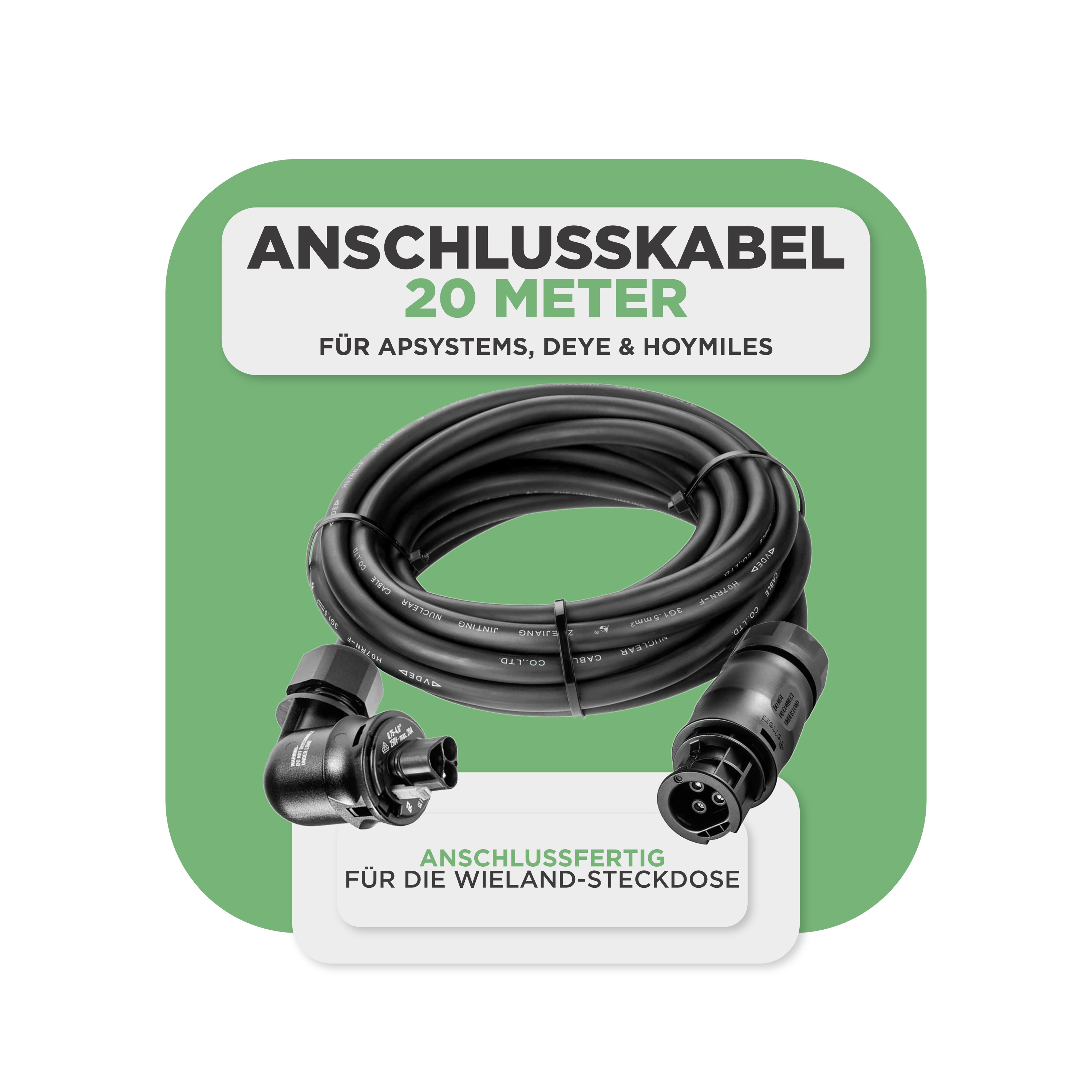 Balkonkraftwerk Basic Set 2000 Wp — Solyco 500 Wp Glas-Glas Fullblack-Modul Bifazial / 4 Module / Deye 2000 W / Wieland Stecker + Dose / 20 m