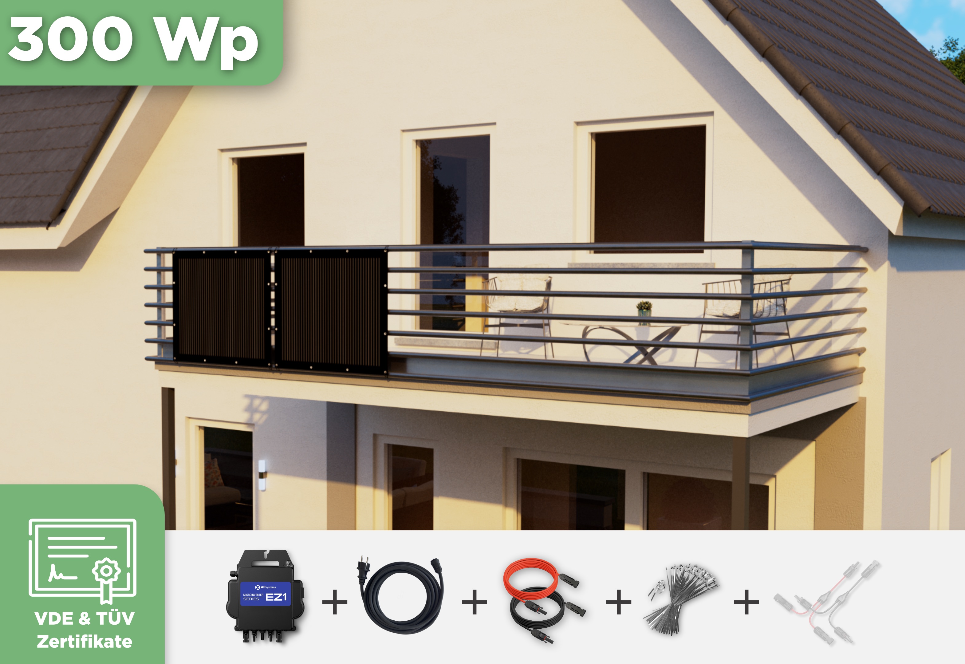 Balkonkraftwerk mit Ultraleicht-Modulen 300 Wp — APsystems EZ1-M 800 W / Sunman / 150 Wp (89 cm x 102 cm) / 2 Module / 10 m