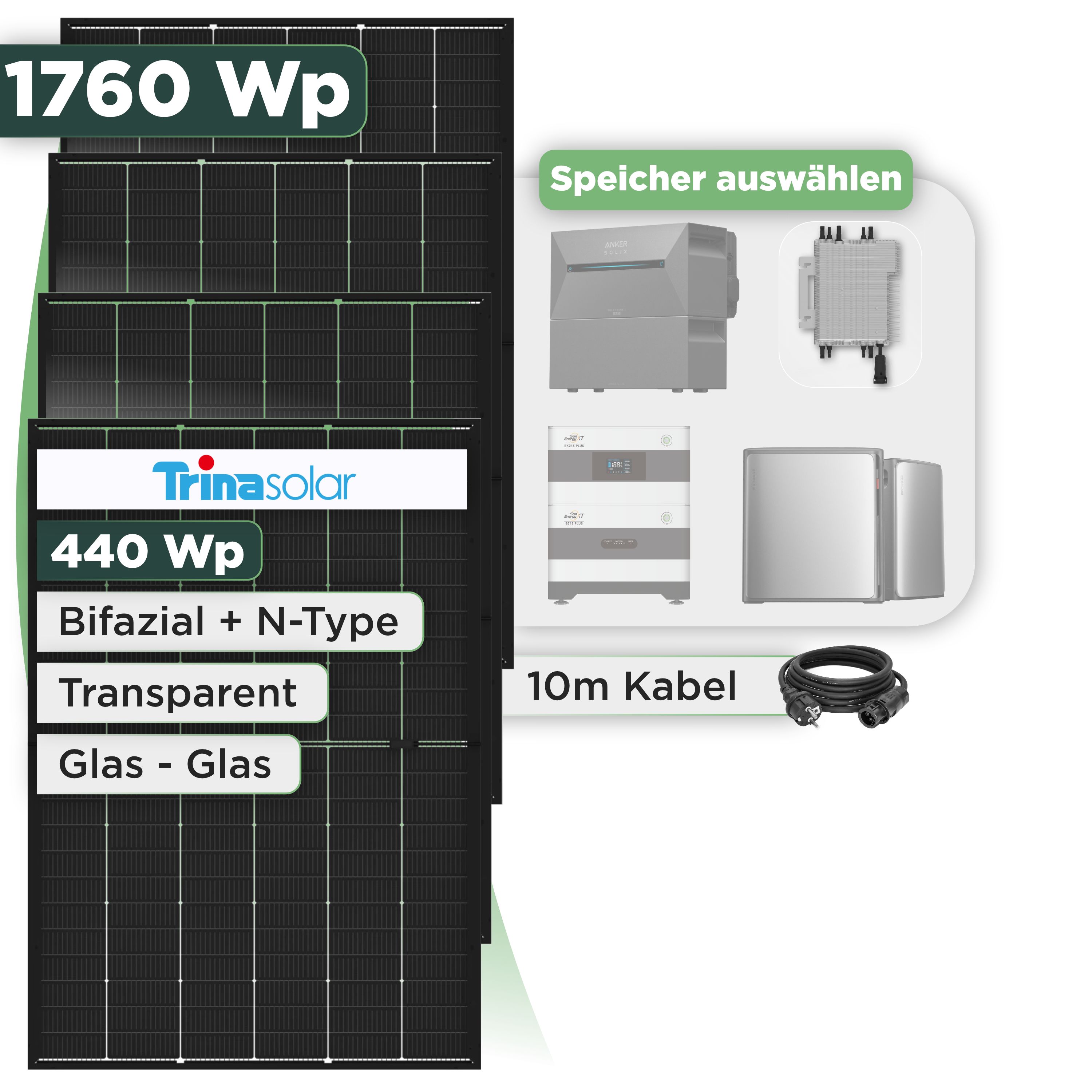 Balkonkraftwerk Set 1760 Wp — Trina 440 Wp Glas-Glas Bifazial Modul / 4 Module / Deye 2000 W / Schuko Stecker / 10 m