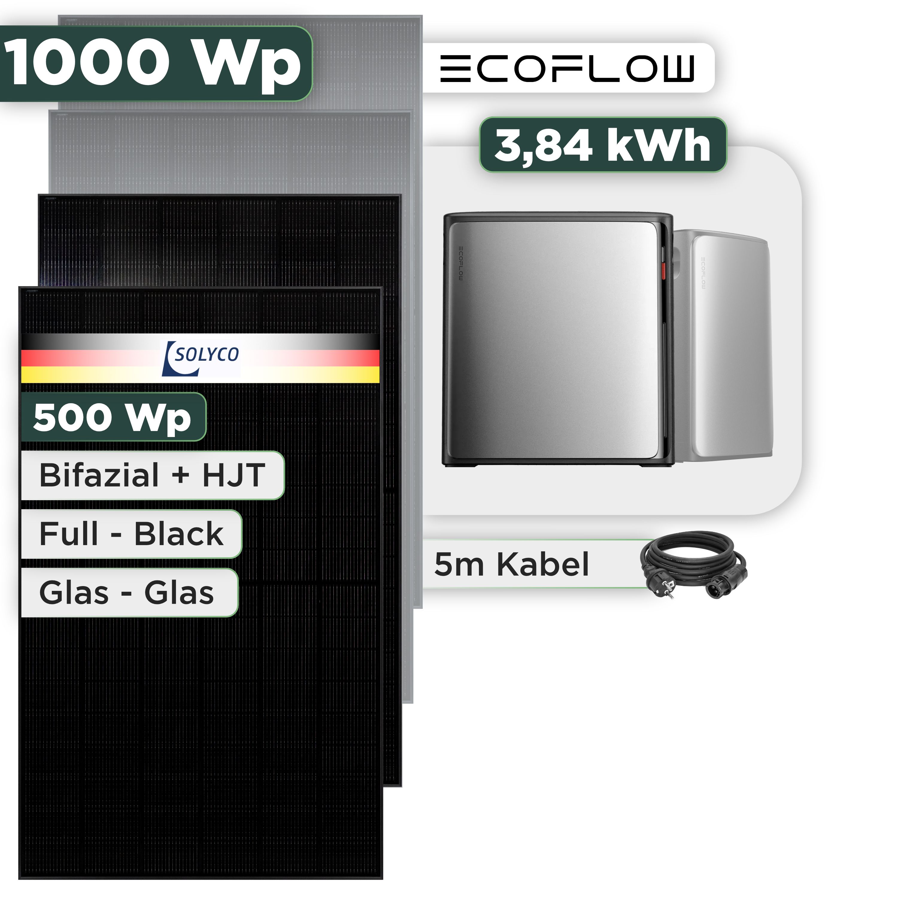 Balkonkraftwerk Set 1000 Wp — Ecoflow Stream Ultra X / 3,84 kWh / Solyco 500 Wp Glas-Glas Fullblack-Modul Bifazial / 2 Module / Schuko Stecker / 1,5 m
