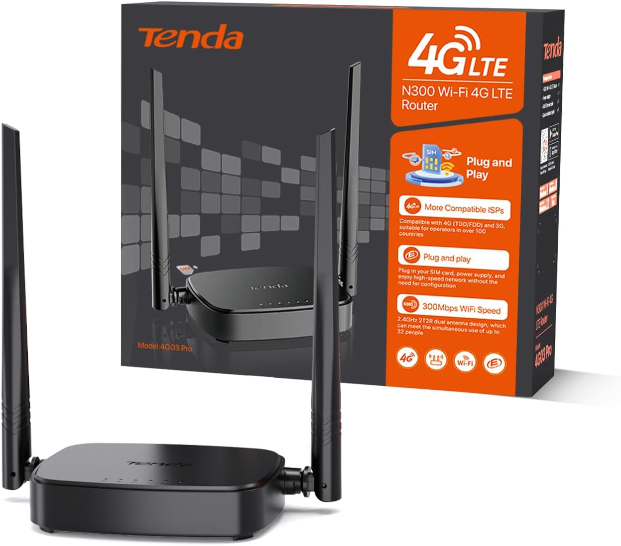Tenda 4G03 Pro 4G LTE Router — WLAN Router für Nano-SIM-Karten (N300, 150 Mbit/s im Download, 300 Mbit/s 2,4 GHz)