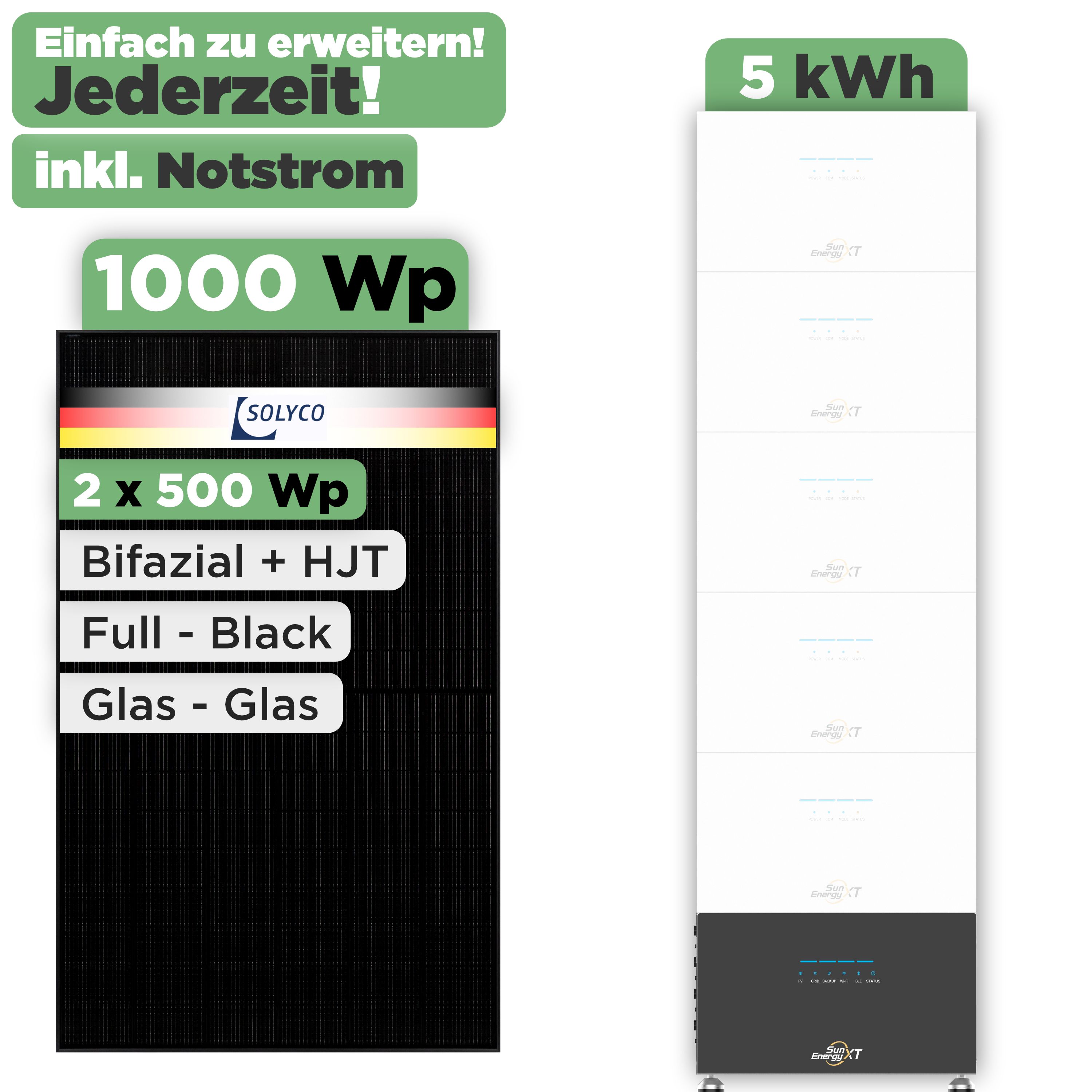 SunEnergyXT 500 Serie 1000 Wp — SunEnergyXT 500 Pro (2400 W) / 5 kWh / Solyco 500 Wp / 2 Module