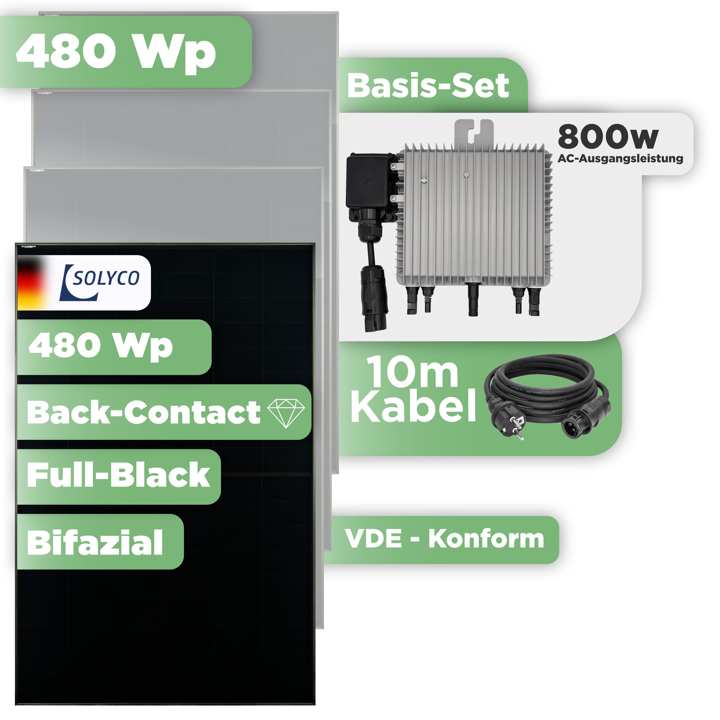 Balkonkraftwerk Basic Set 480 Wp — Solyco 480 Wp Glas-Glas Fullblack Back Contact Modul  / 1 Modul / Deye 800 W / Schuko Stecker / 10 m