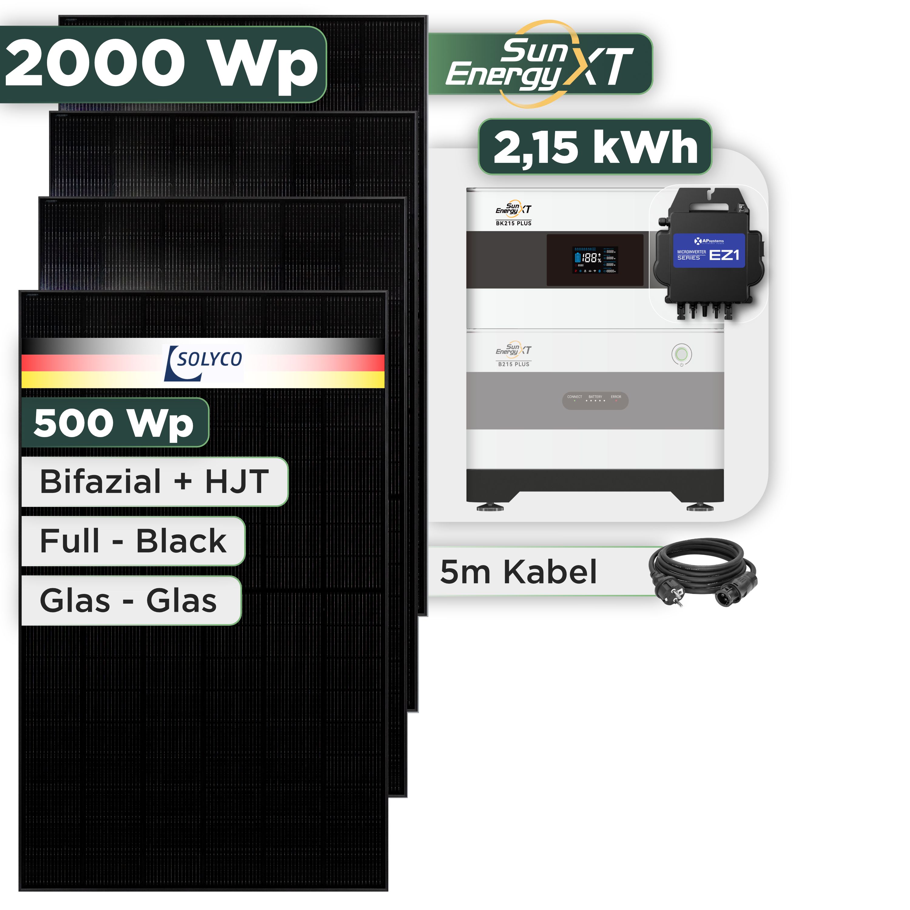 Balkonkraftwerk Set 2000 Wp — SunEnergyXT Plus / 2,15 kWh / Solyco 500 Wp Glas-Glas Fullblack-Modul Bifazial / 4 Module / APSystems EZ1-M (bis 800 W) / Schuko Stecker / 5 m