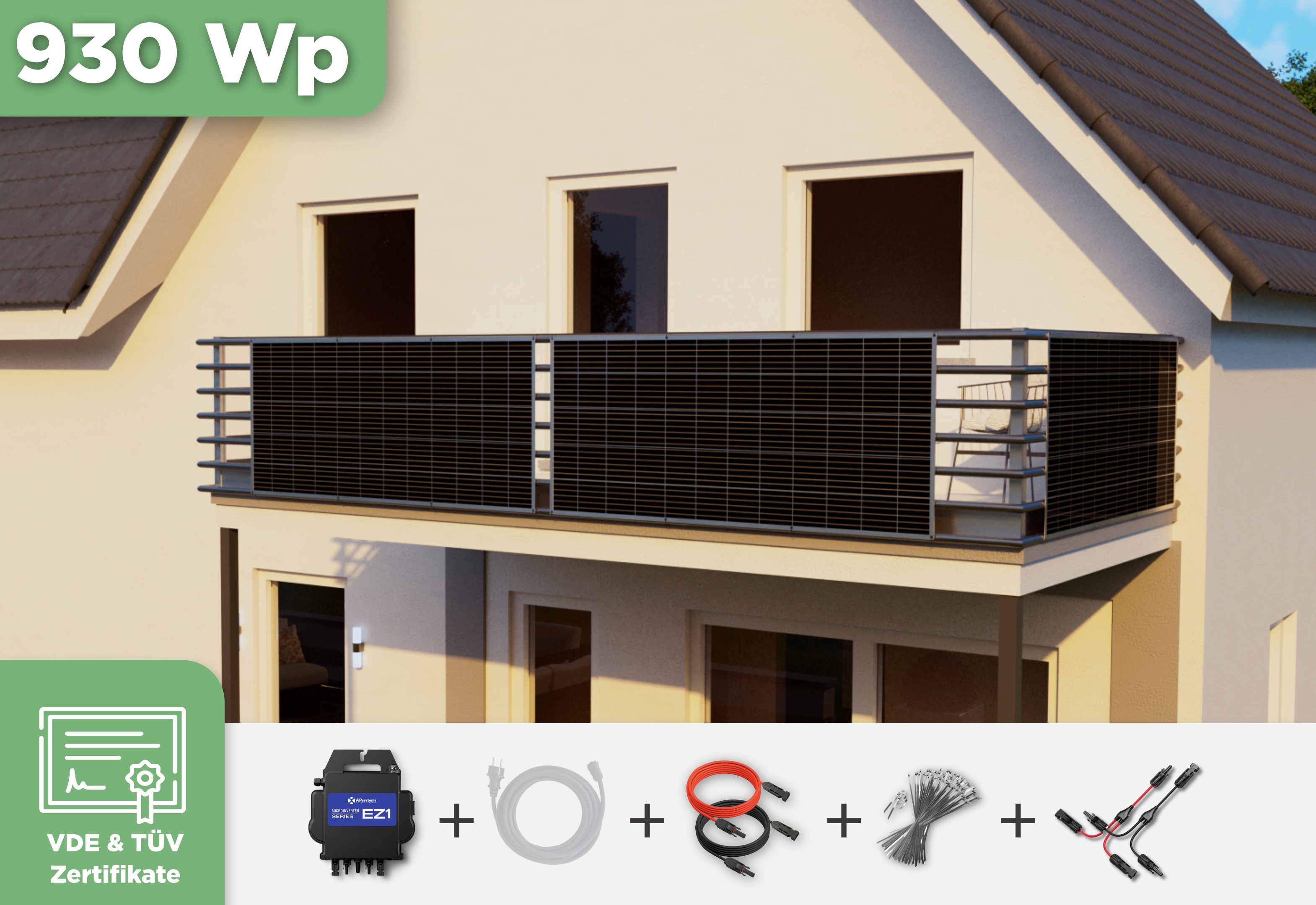 Balkonkraftwerk mit Ultraleicht-Modulen 930 Wp — APsystems EZ1-M 800 W / Sunman / 310 Wp (89 cm x 201 cm) / 3 Module / ohne Kabel