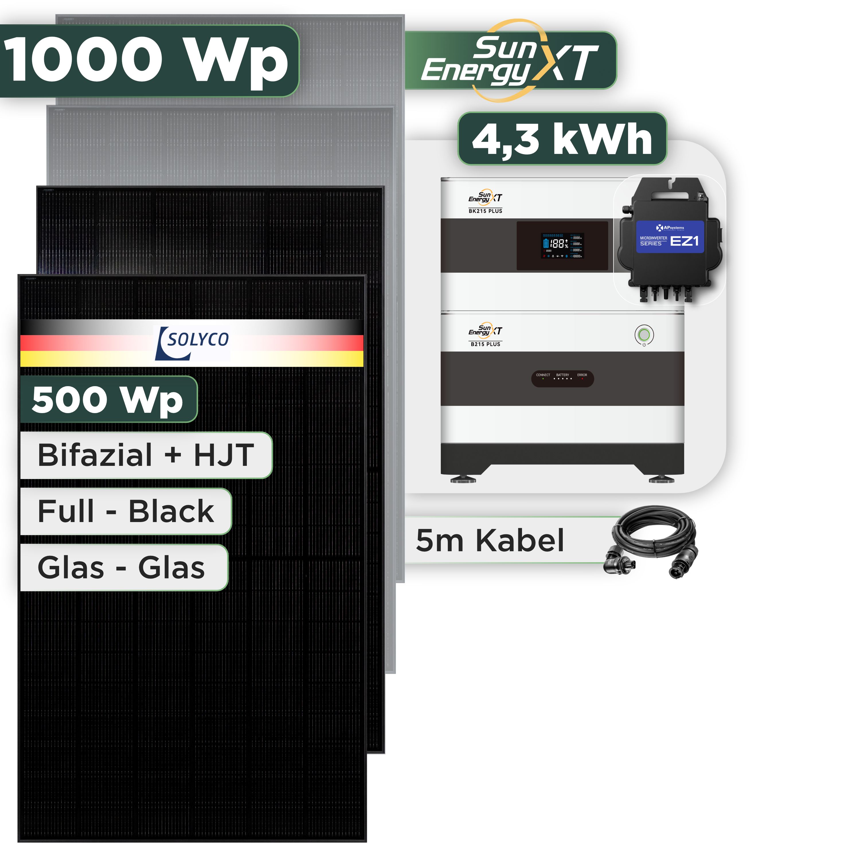 Balkonkraftwerk Set 1000 Wp — SunEnergyXT Plus / 4,3 kWh / Solyco 500 Wp Glas-Glas Fullblack-Modul Bifazial / 2 Module / APSystems EZ1-M (bis 800 W) / Wieland Stecker / 5 m