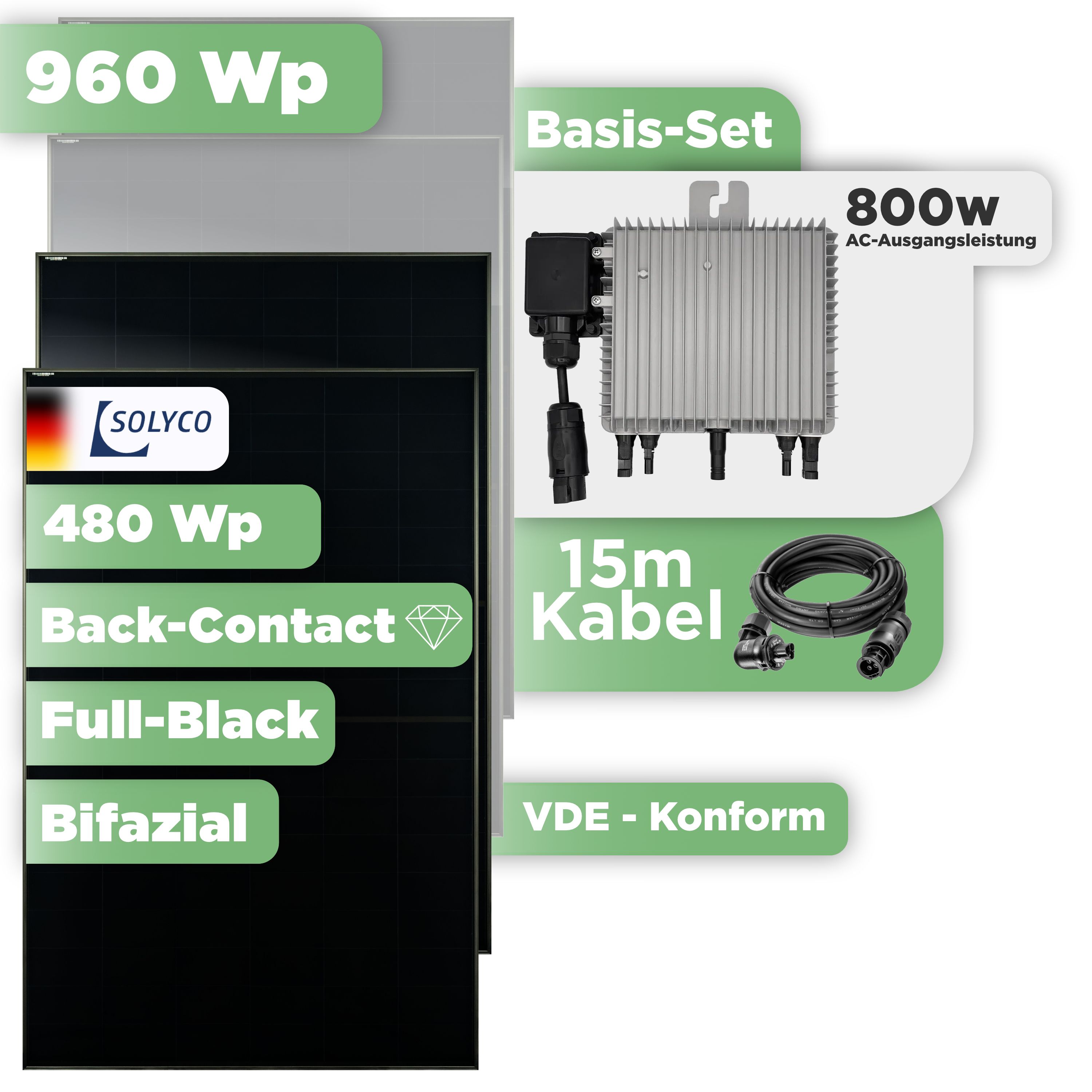 Balkonkraftwerk Basic Set 960 Wp — Solyco 480 Wp Glas-Glas Fullblack Back Contact Modul  / 2 Module / Deye 800 W / Wieland Stecker / 15 m