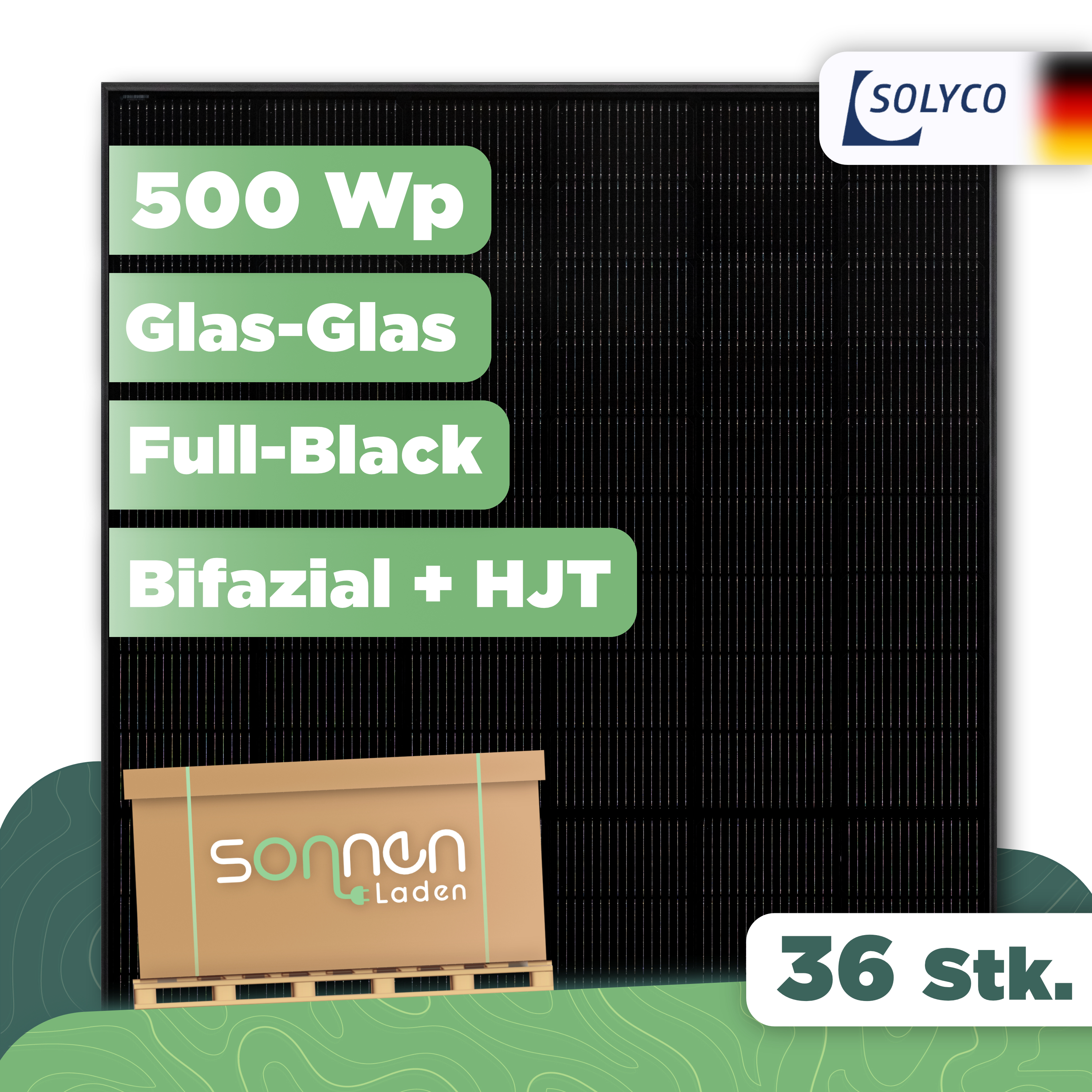 Solyco Pro R-BG 108h.5 / 500 Wp — 500 Wp Glas-Glas Fullblack-Modul - 36 Stk (Palette)