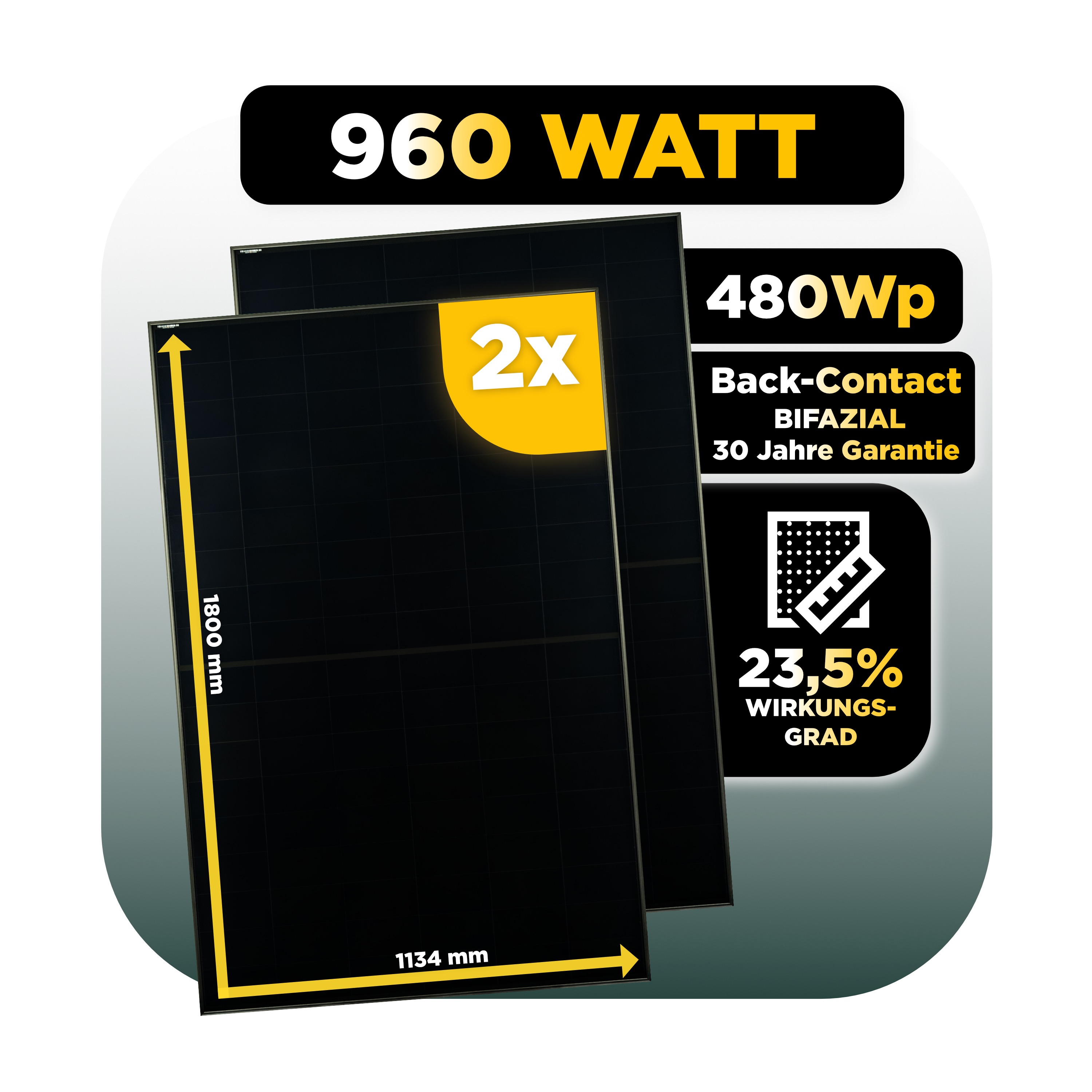 SunEnergyXT Erweiterungsset — 6.450 Wh / Solyco 480 Wp Glas-Glas Fullblack Back Contact Modul  / 2 Module / 2 x Universalhalterung