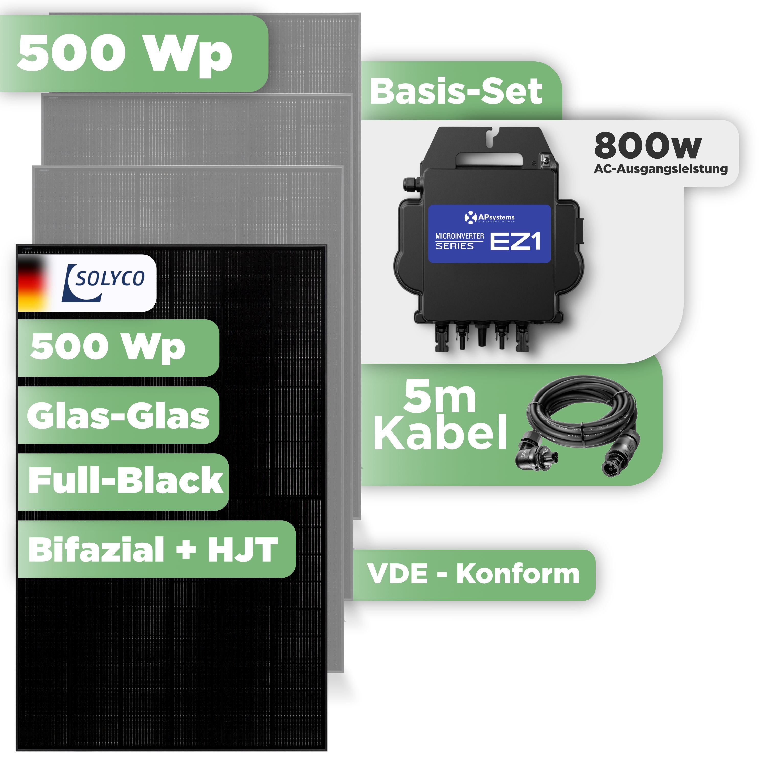 Balkonkraftwerk Basic Set 500 Wp — Solyco 500 Wp Glas-Glas Fullblack-Modul Bifazial / 1 Modul / APSystems EZ1-M (bis 800 W) / Wieland Stecker / 5 m