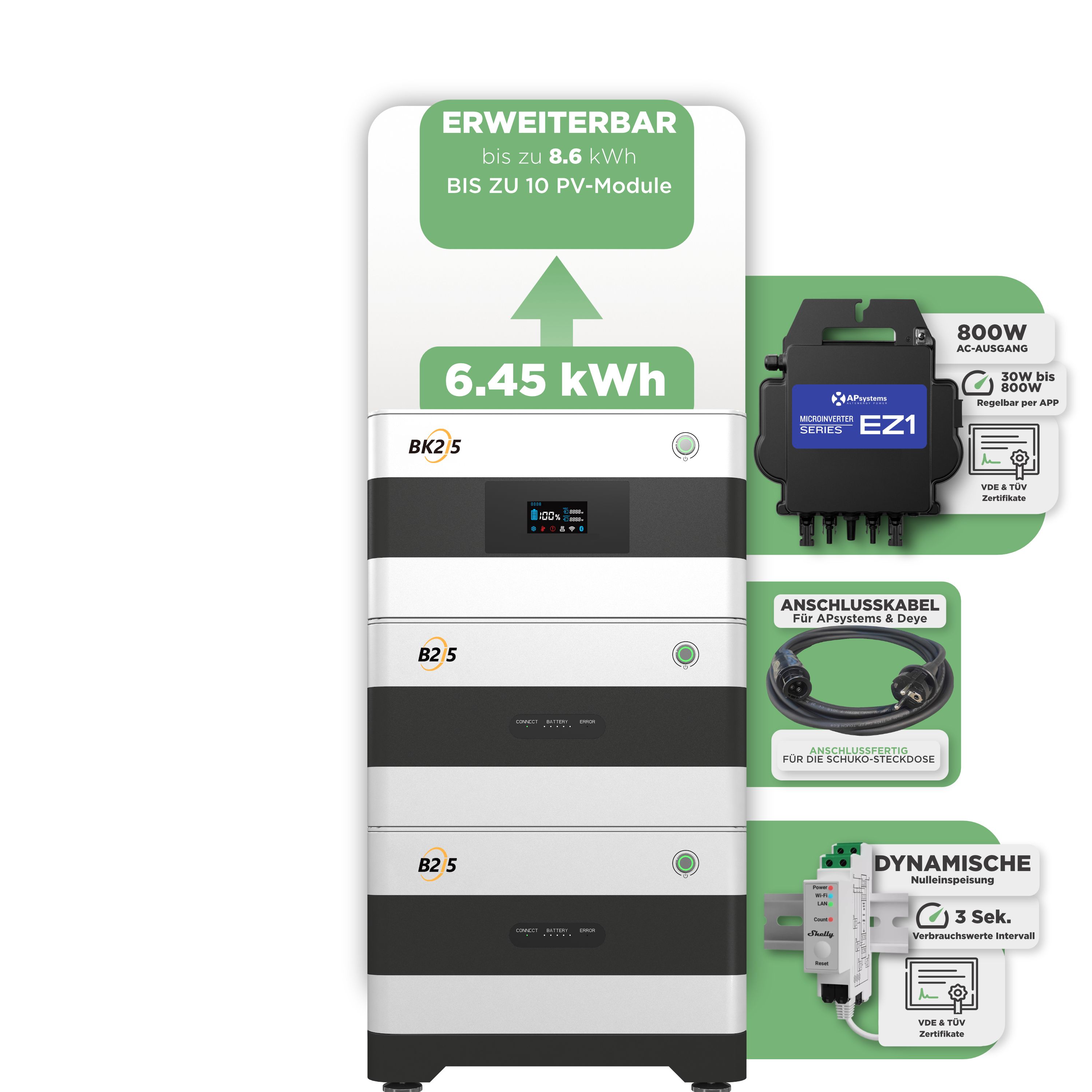 SunEnergyXT Balkonkraftwerkspeicher — 6.450 Wh / mit Shelly 3EM Pro / 800 W (Apsystems EZ1-M) / 20 m Schuko Kabel