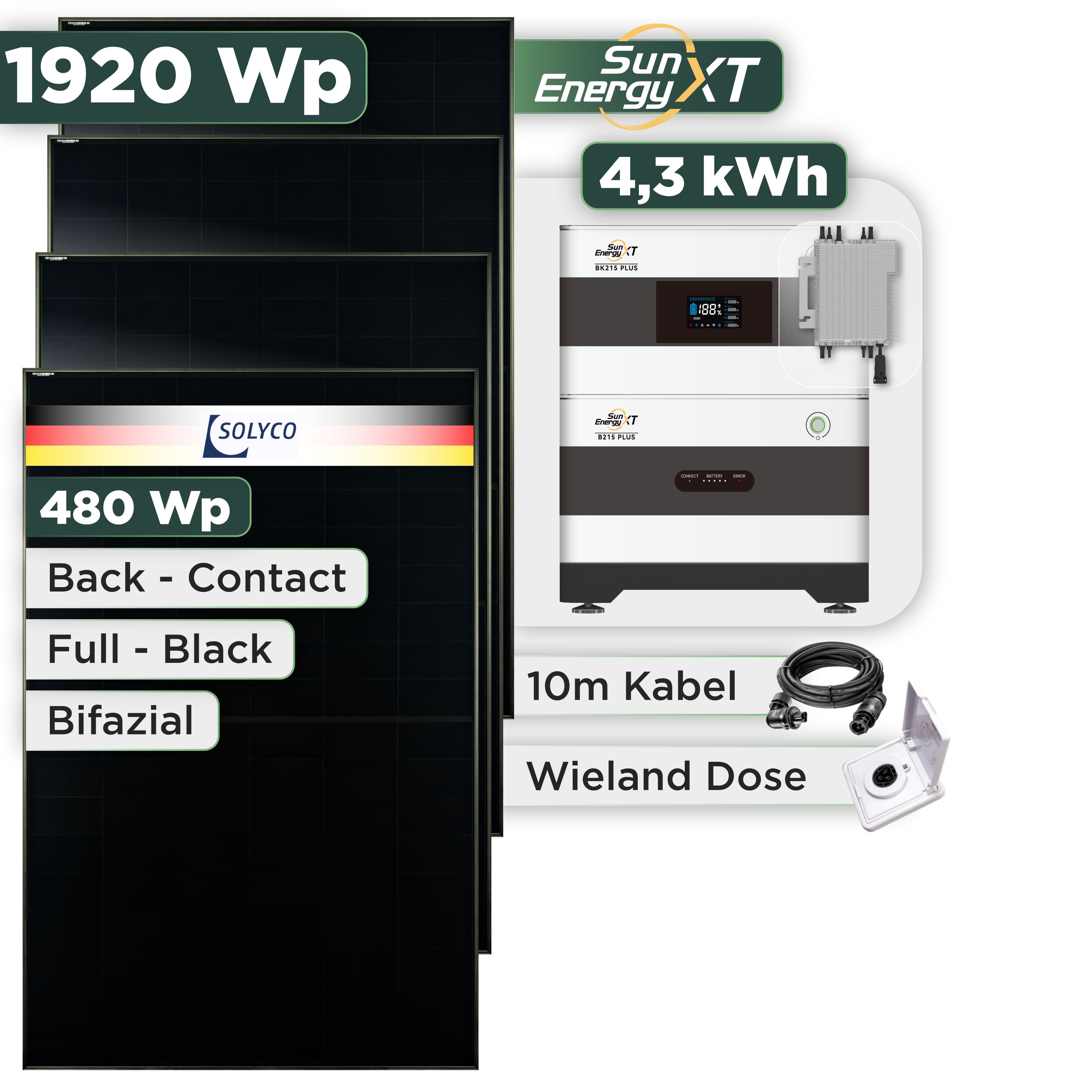 Balkonkraftwerk Set 1920 Wp — SunEnergyXT Plus / 4,3 kWh / Solyco 480 Wp Glas-Glas Fullblack Back Contact Modul  / 4 Module / Deye 2000 W / Wieland Stecker + Dose / 10 m