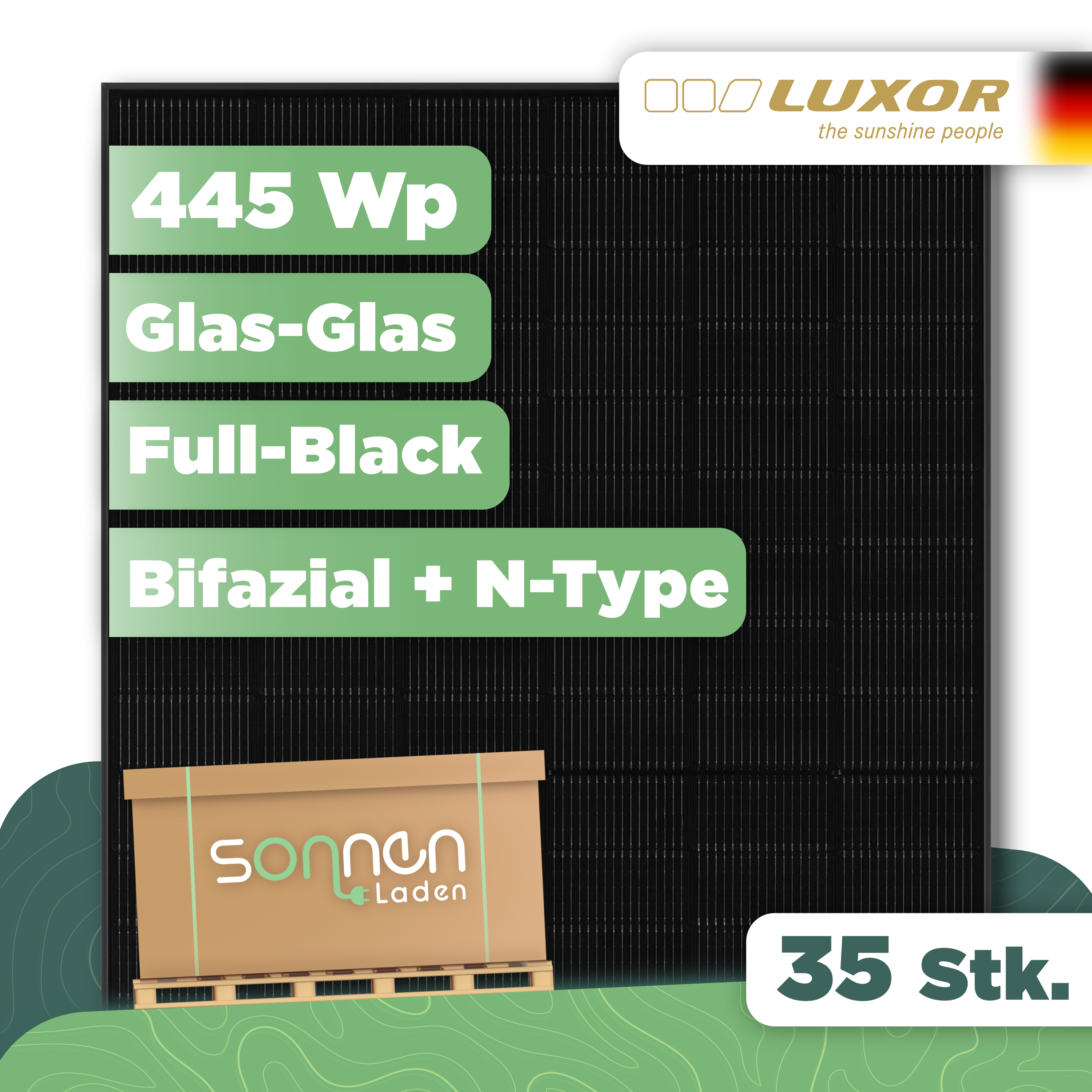 ECO LINE N-TYPE TOPCON GLAS-GLAS BIFACIAL M108/445W — Glas-Glas, bifazial, Full Black, MC4-EVO 2 - 35 Stk (Palette)
