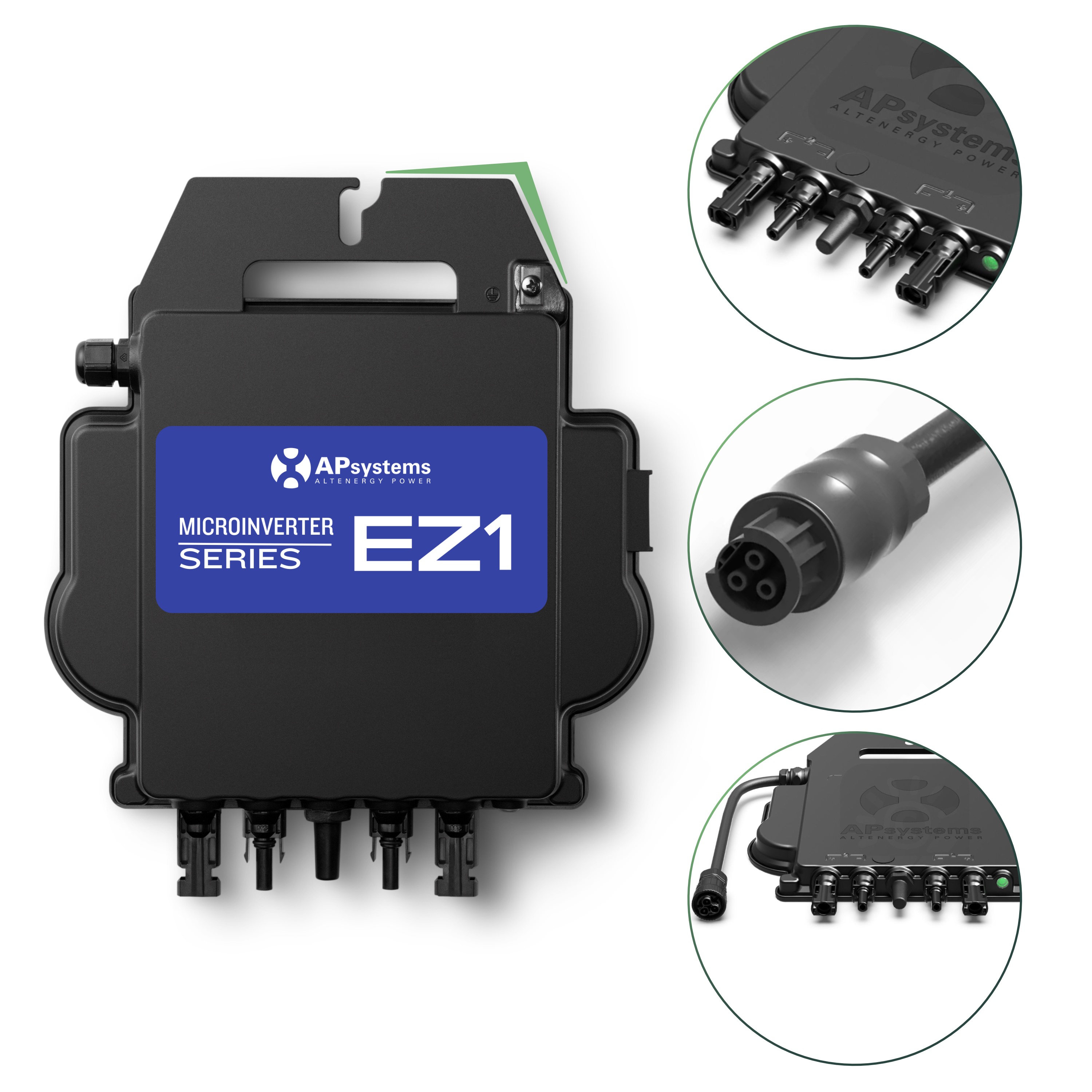 Balkonkraftwerk Set 2000 Wp — SunEnergyXT Plus / 8,6 kWh / Solyco 500 Wp Glas-Glas Fullblack-Modul Bifazial / 4 Module / APSystems EZ1-M (bis 800 W) / Wieland Stecker + Dose / 20 m