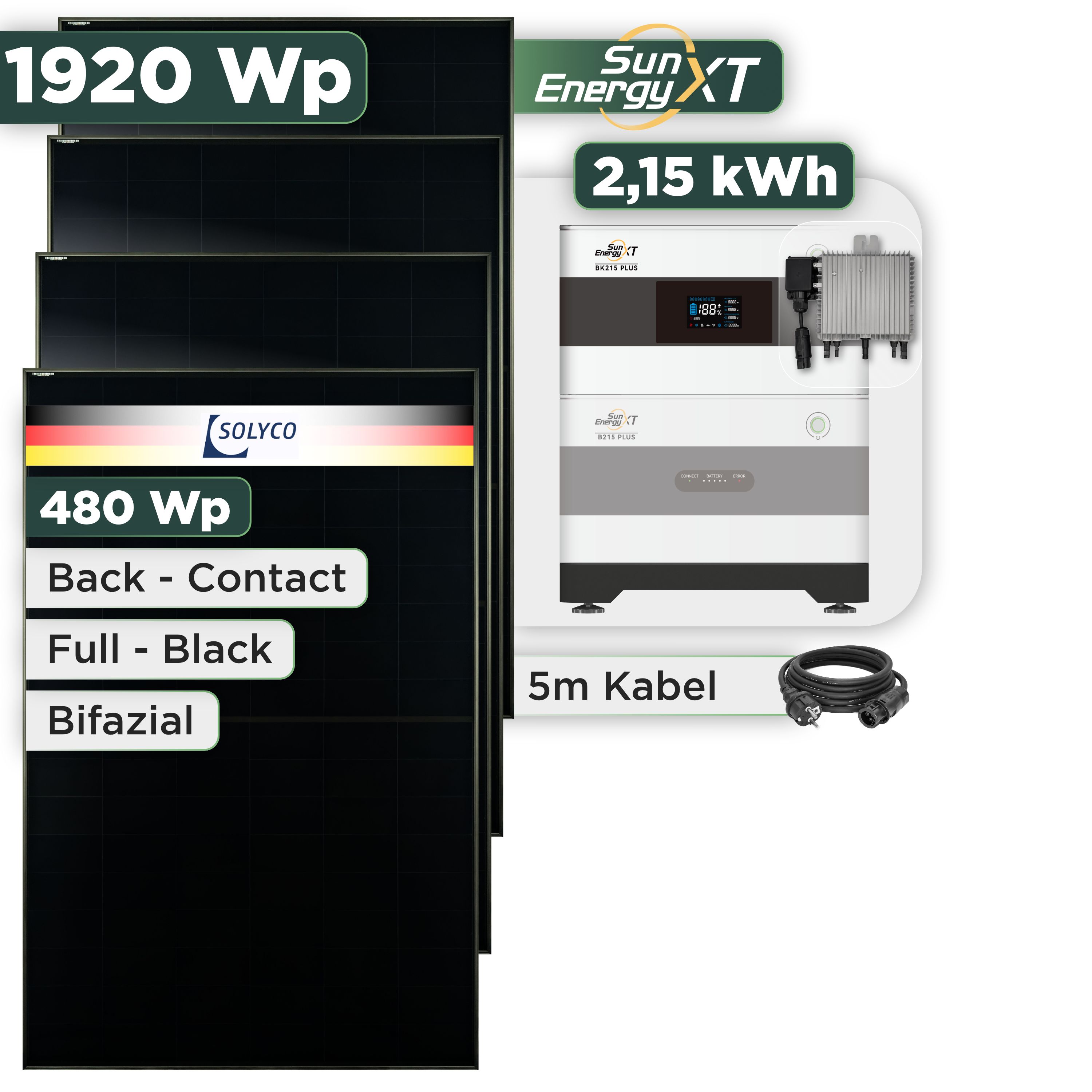 Balkonkraftwerk Set 1920 Wp — SunEnergyXT Plus / 2,15 kWh / Solyco 480 Wp Glas-Glas Fullblack Back Contact Modul  / 4 Module / Deye 800 W / Schuko Stecker / 5 m