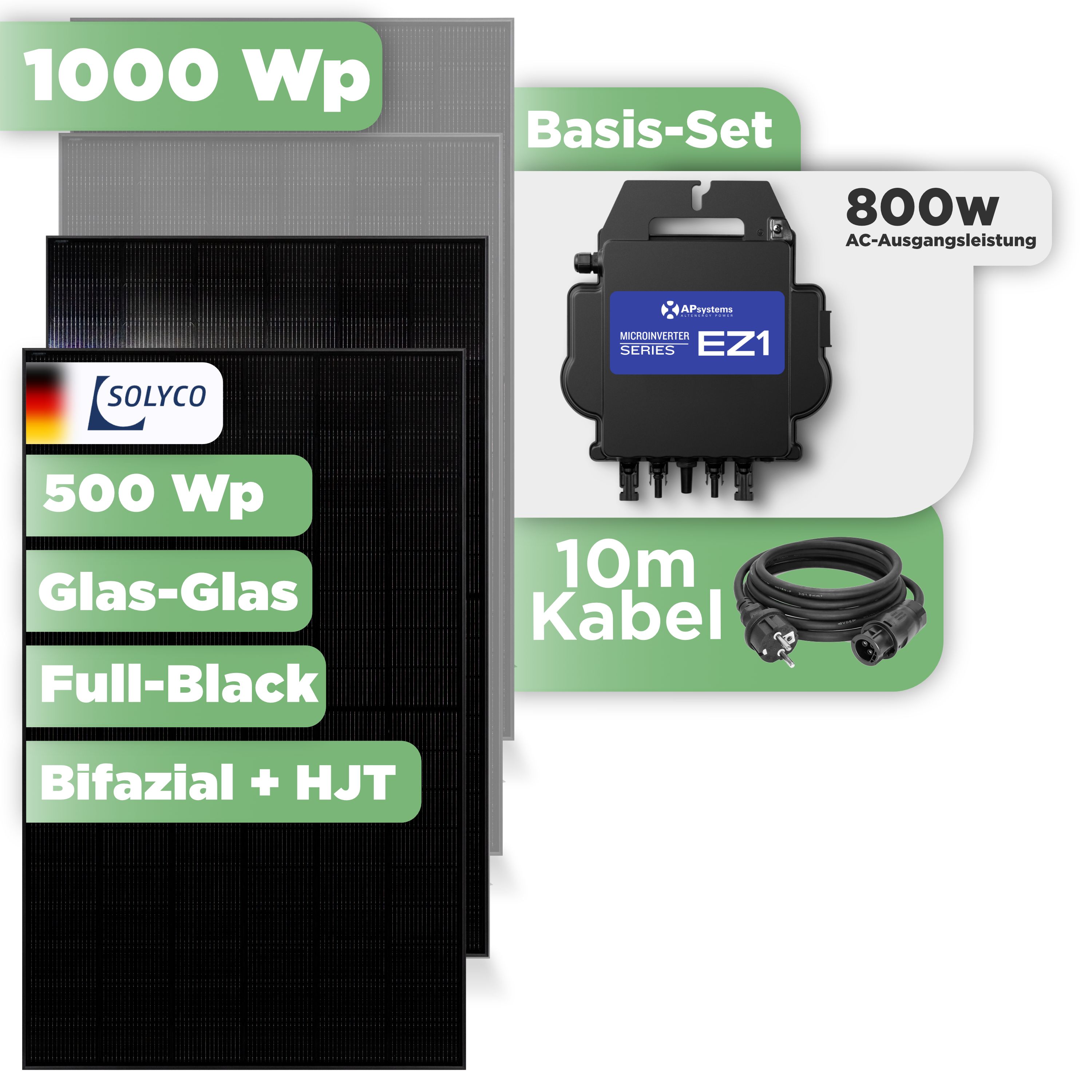 Balkonkraftwerk Basic Set 1000 Wp — Solyco 500 Wp Glas-Glas Fullblack-Modul Bifazial / 2 Module / APSystems EZ1-M (bis 800 W) / Schuko Stecker / 10 m