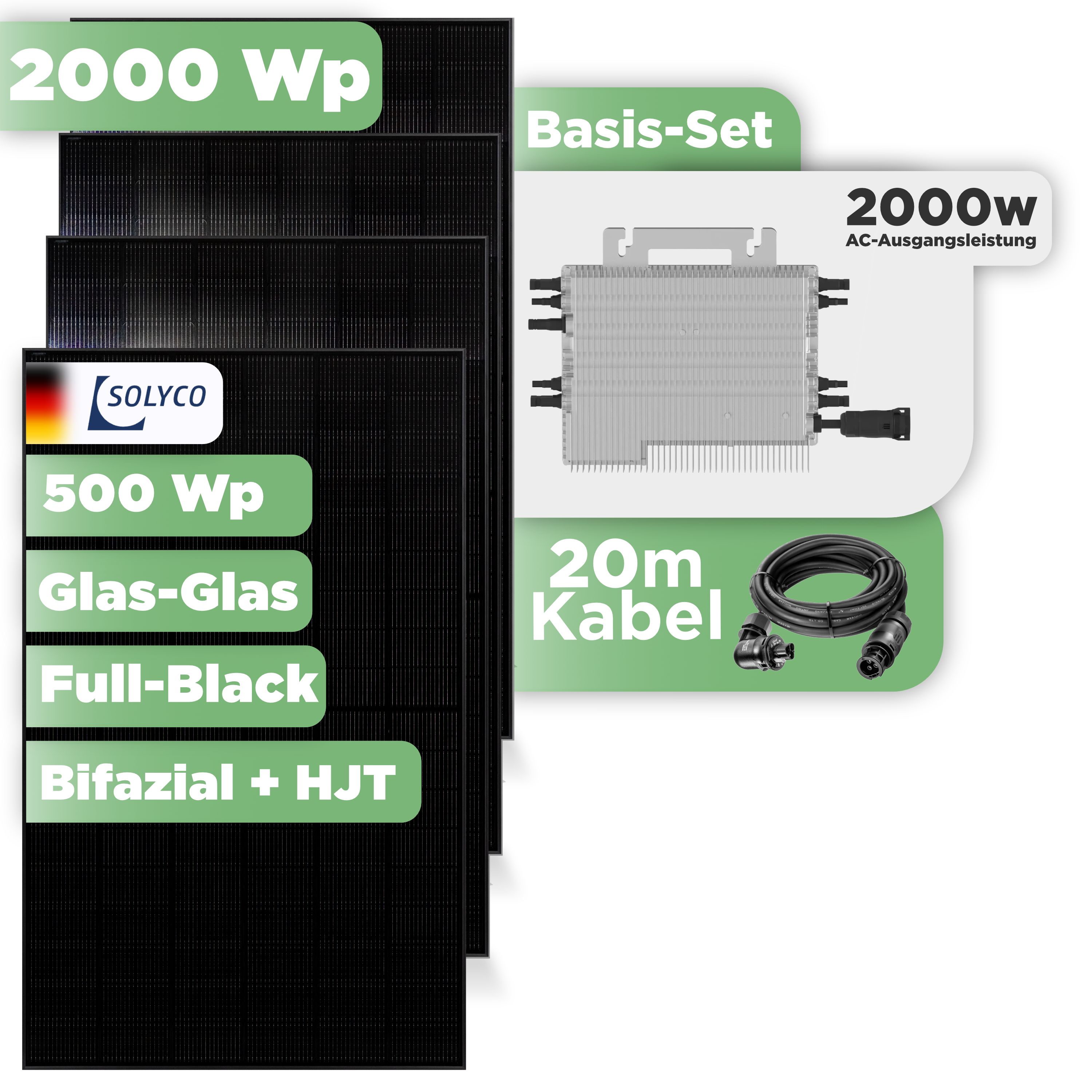 Balkonkraftwerk Basic Set 2000 Wp — Solyco 500 Wp Glas-Glas Fullblack-Modul Bifazial / 4 Module / Deye 2000 W / Wieland Stecker / 20 m