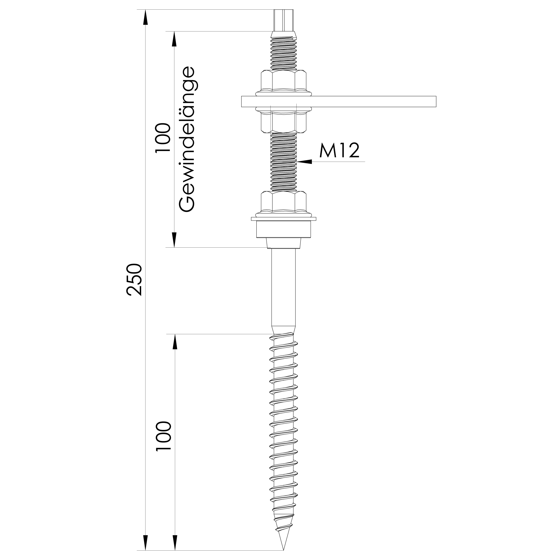 K2 Systems - RF HB M12x250 PA BC — Stockschraube, vormontiert, Sechskant SW 9mm (2000124)