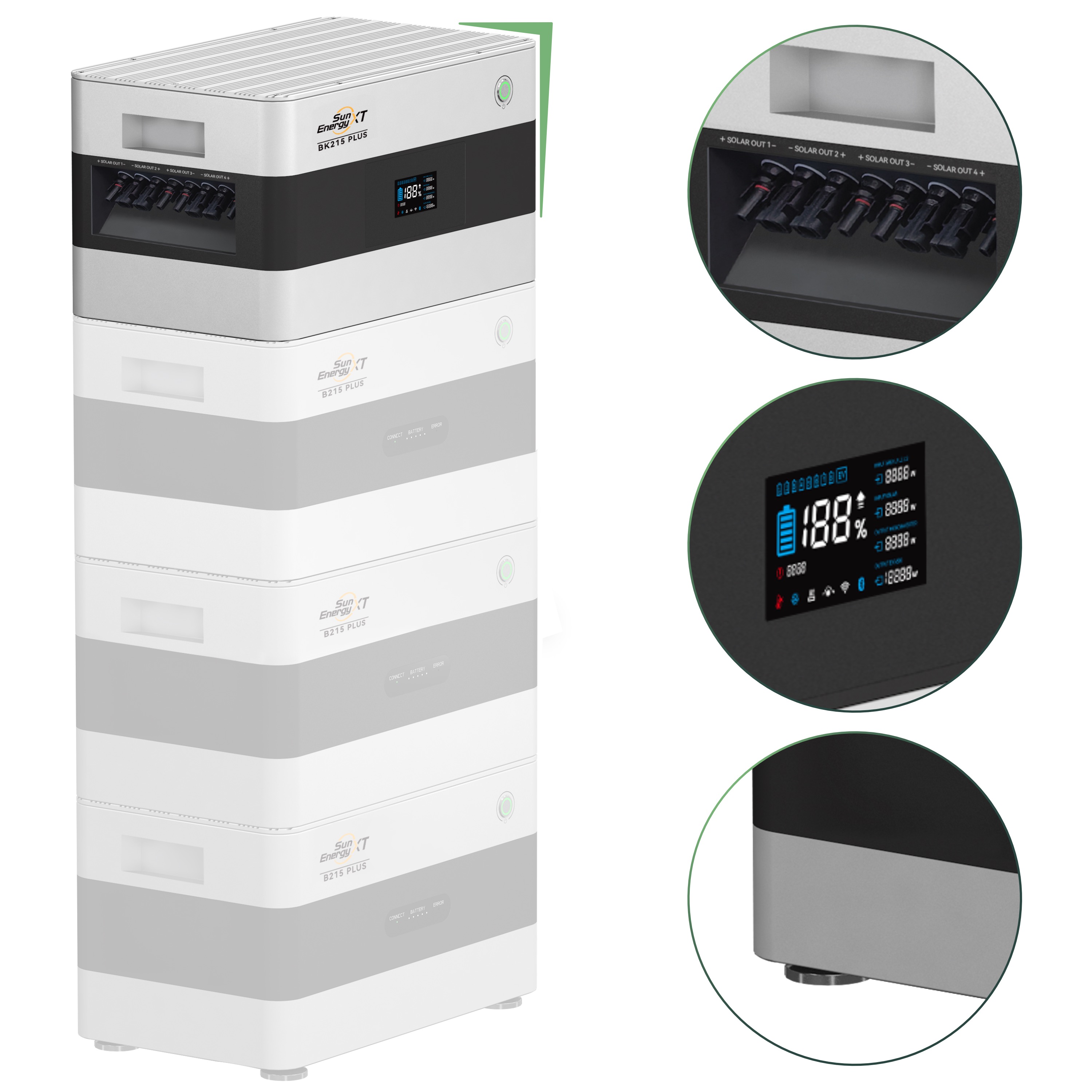 Balkonkraftwerk Set 2000 Wp — SunEnergyXT Plus / 2,15 kWh / Solyco 500 Wp Glas-Glas Fullblack-Modul Bifazial / 4 Module / Deye 2000 W / Wieland Stecker + Dose / 20 m
