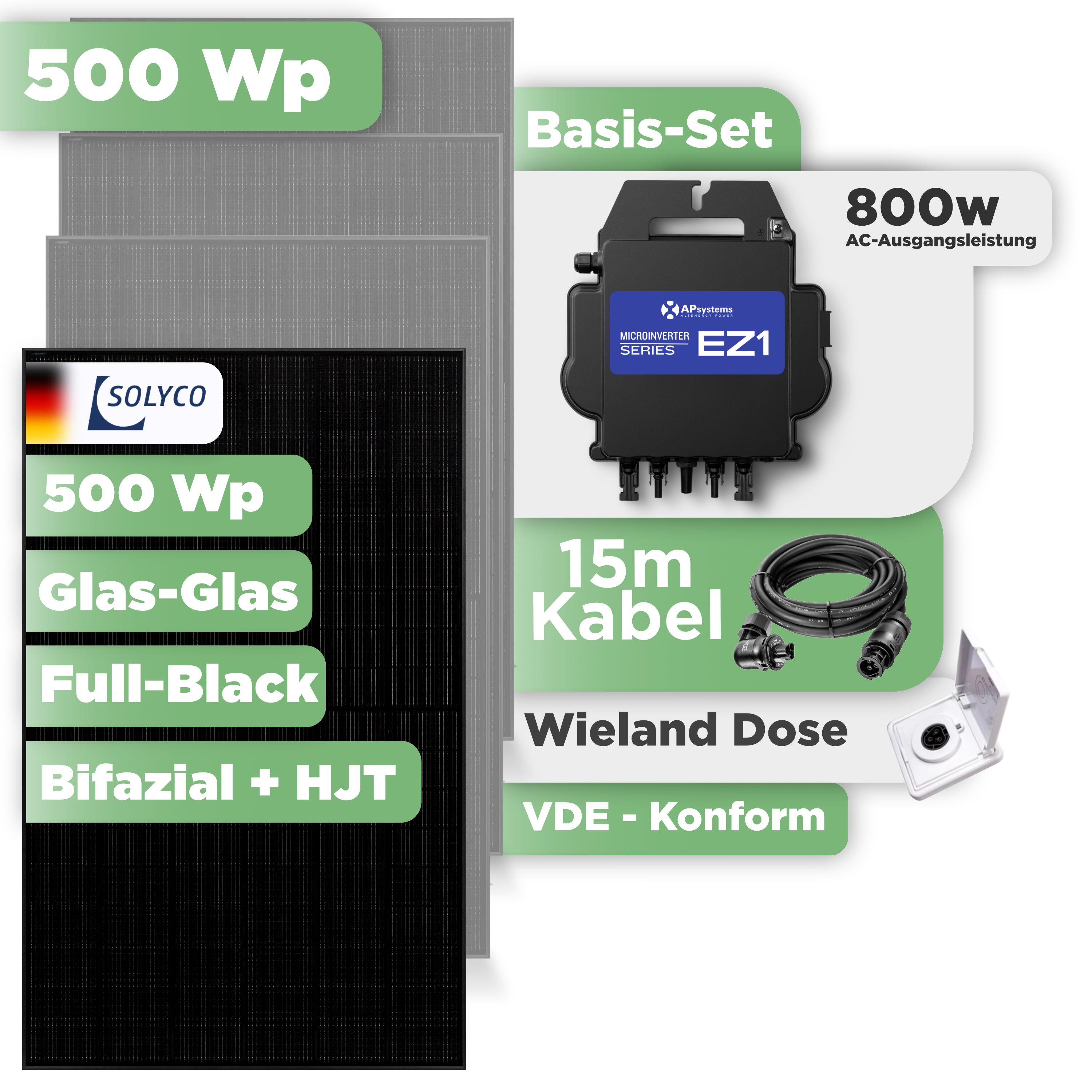 Balkonkraftwerk Basic Set 500 Wp — Solyco 500 Wp Glas-Glas Fullblack-Modul Bifazial / 1 Modul / APSystems EZ1-M (bis 800 W) / Wieland Stecker + Dose / 15 m