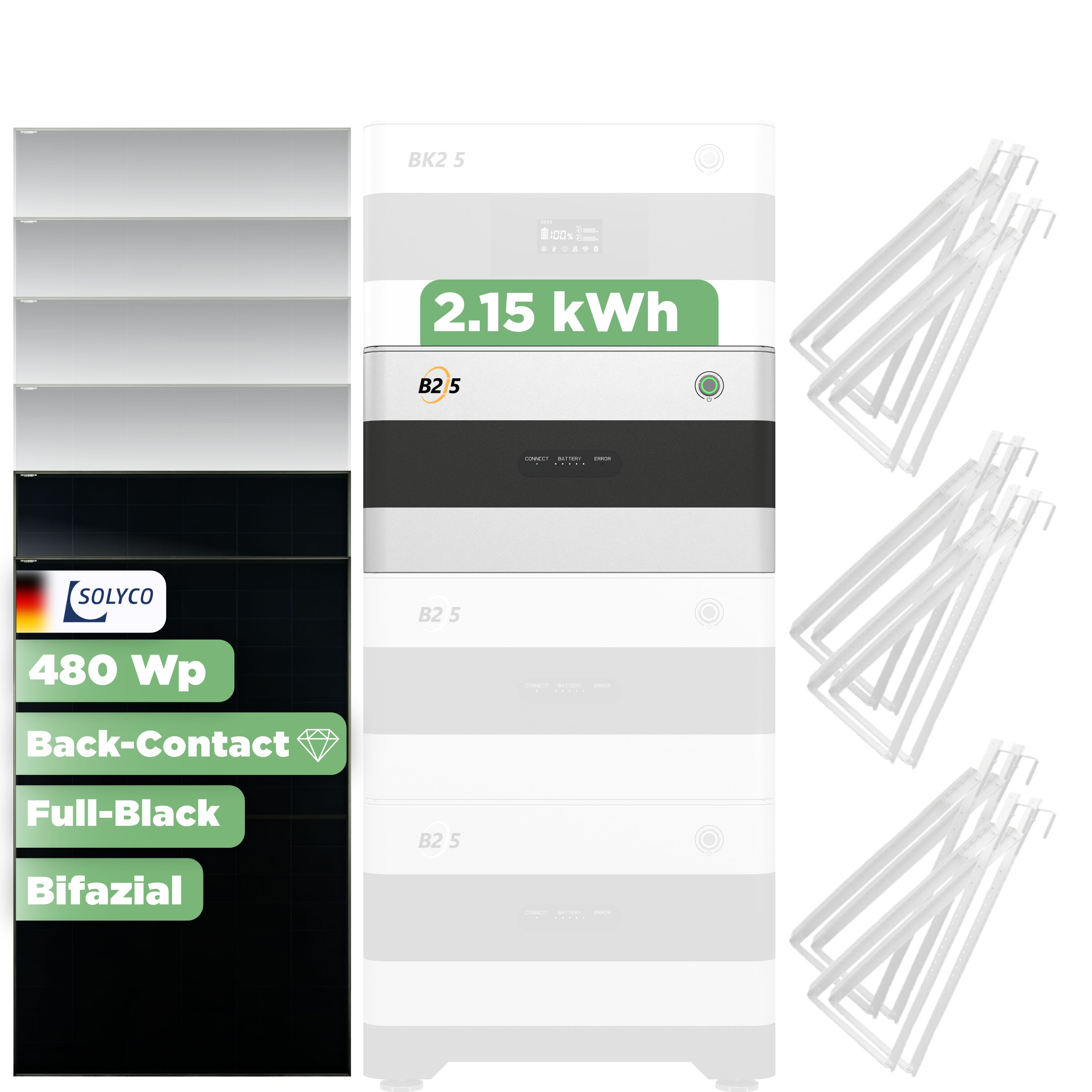 SunEnergyXT Erweiterungsset — 2.150 Wh / Solyco 480 Wp Glas-Glas Fullblack Back Contact Modul  / 2 Module