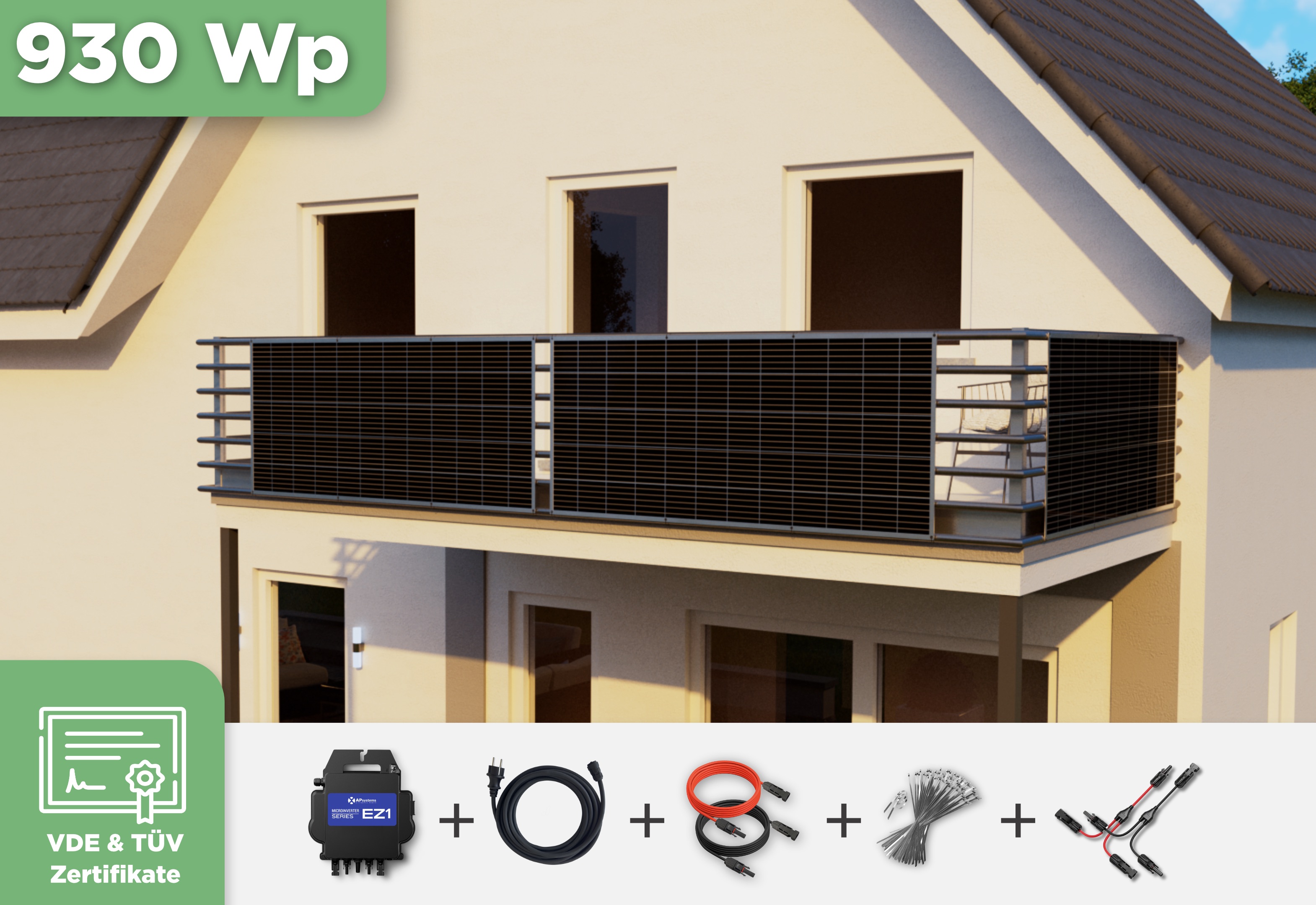 Balkonkraftwerk mit Ultraleicht-Modulen 930 Wp — APsystems EZ1-M 800 W / Sunman / 310 Wp (89 cm x 201 cm) / 3 Module / 5 m