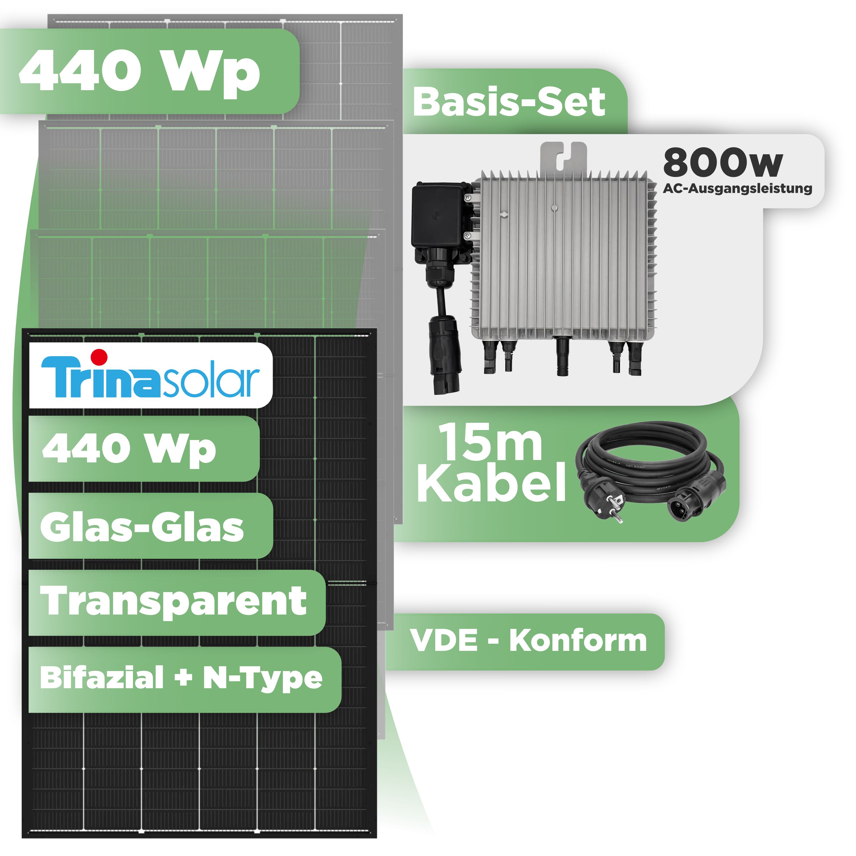 Balkonkraftwerk Basic Set 440 Wp — Trina 440 Wp Glas-Glas Bifazial Modul / 1 Modul / Deye 800 W / Schuko Stecker / 15 m