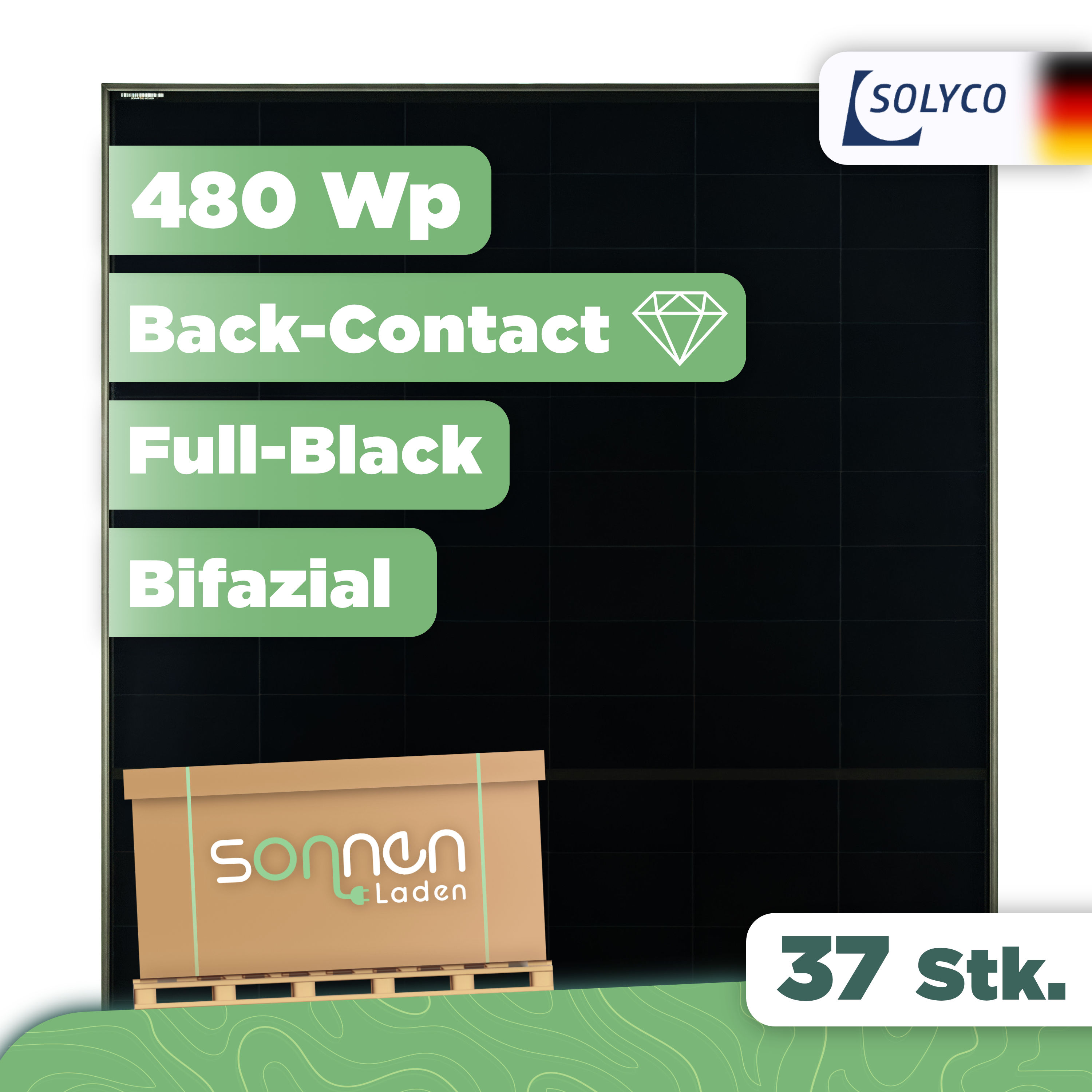 Solyco R-BG 108nBC.6 / 480 Wp — 480 Wp Glas-Glas Fullblack-Modul 37 Stk (Palette)