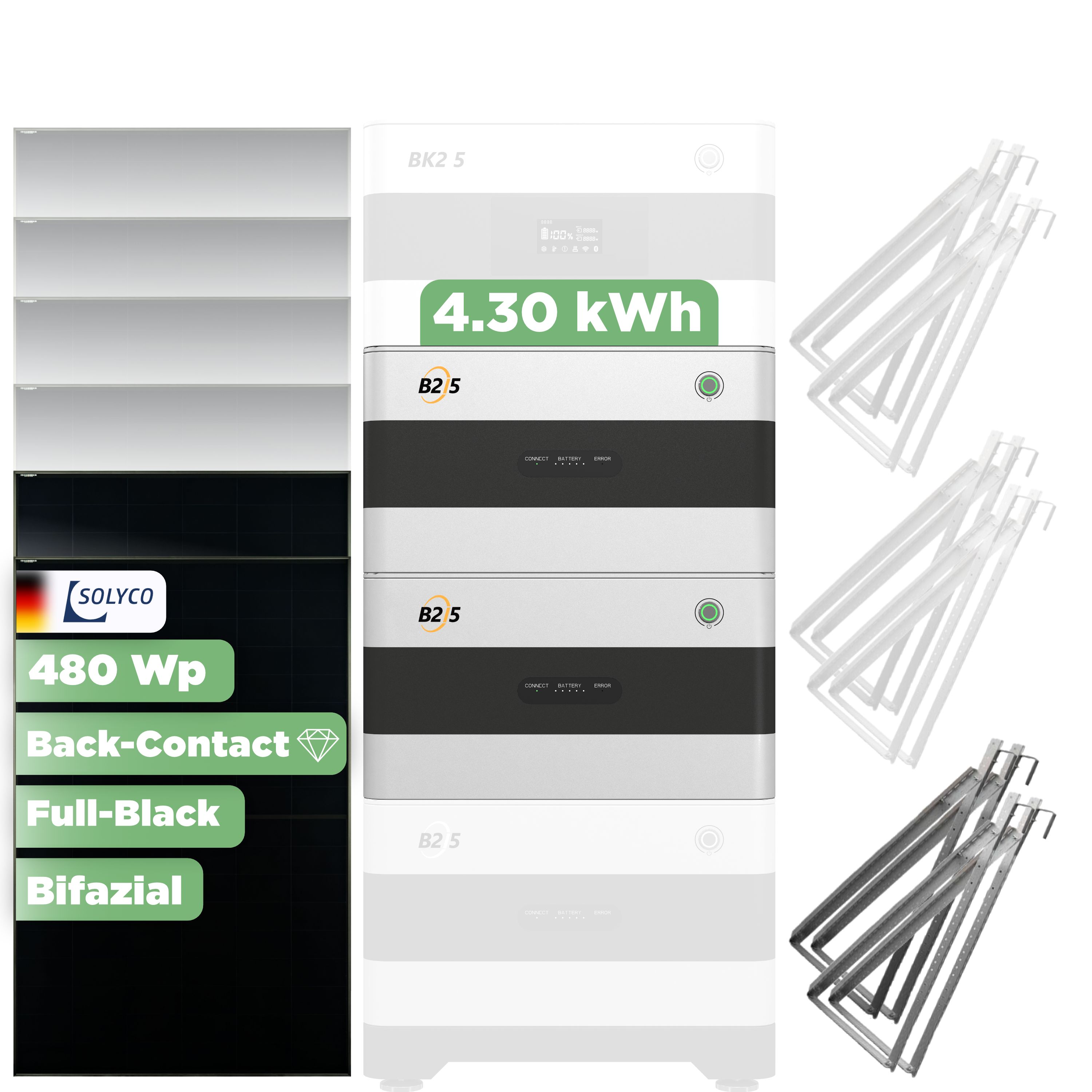SunEnergyXT Erweiterungsset — 4.300 Wh / Solyco 480 Wp Glas-Glas Fullblack Back Contact Modul  / 2 Module / 2 x Universalhalterung