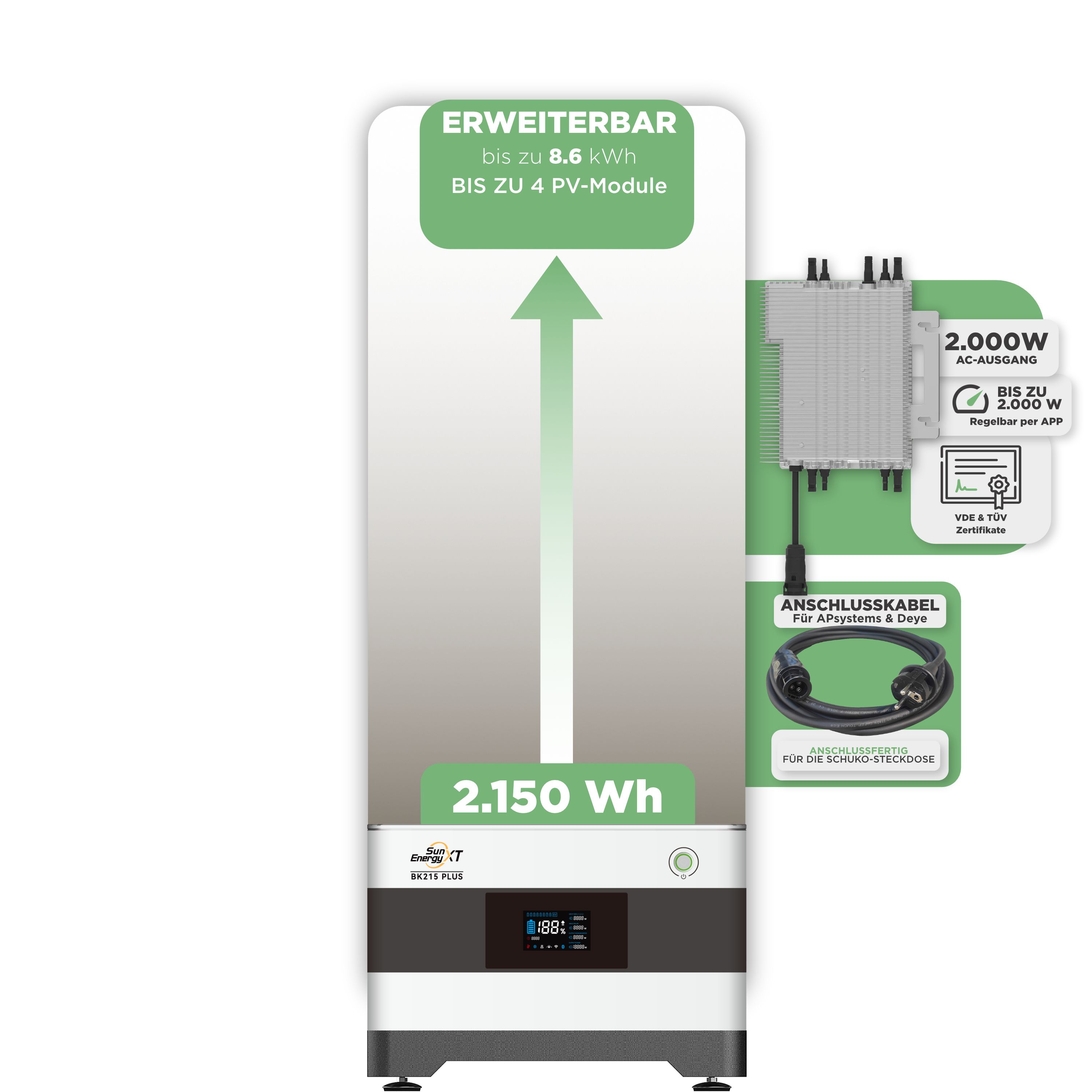 SunEnergyXT Balkonkraftwerkspeicher — 2.150 Wh / 2000 W (Deye-SUN-M) / 20 m Schuko Kabel