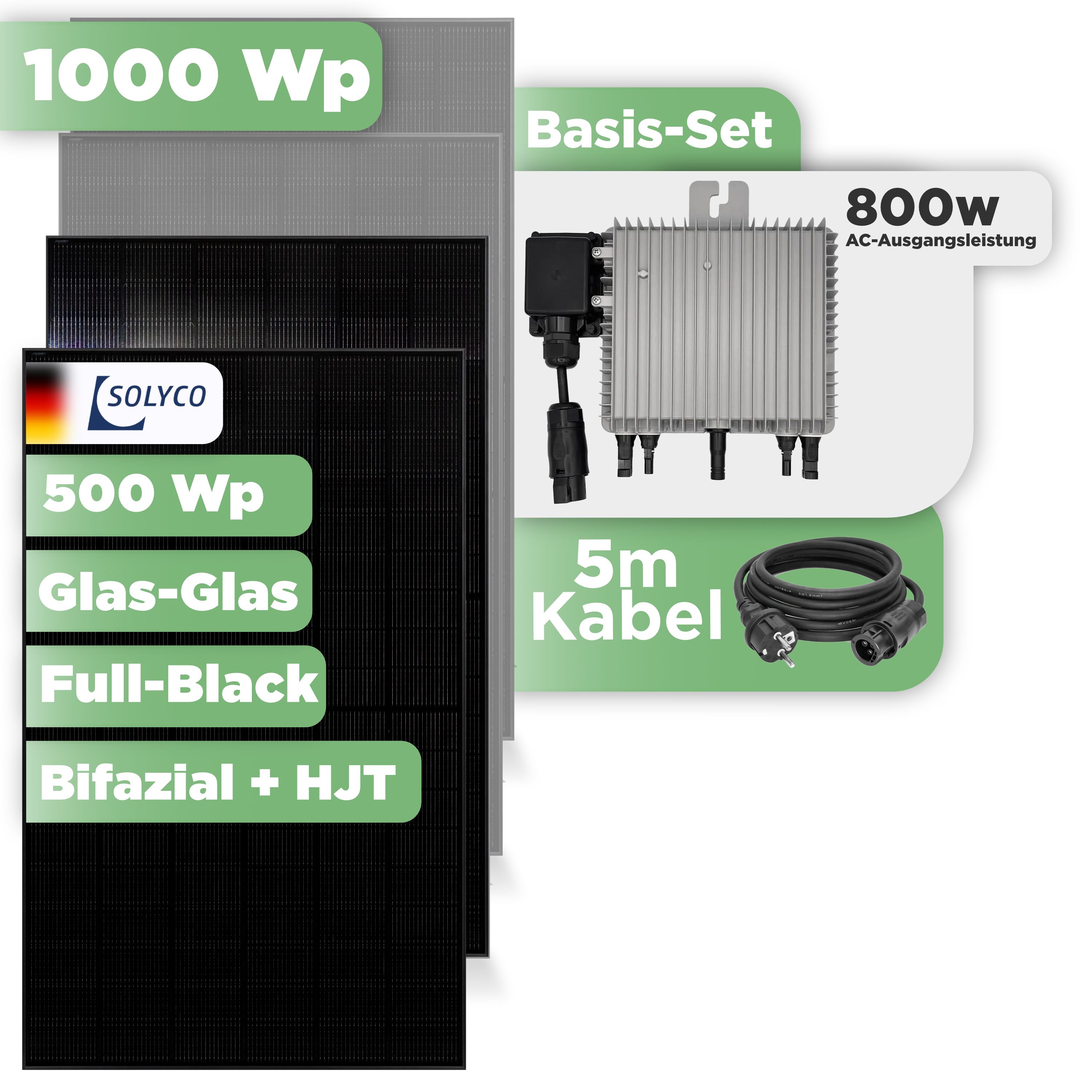 Balkonkraftwerk Basic Set 1000 Wp — Solyco 500 Wp Glas-Glas Fullblack-Modul Bifazial / 2 Module / Deye 800 W / Schuko Stecker / 5 m