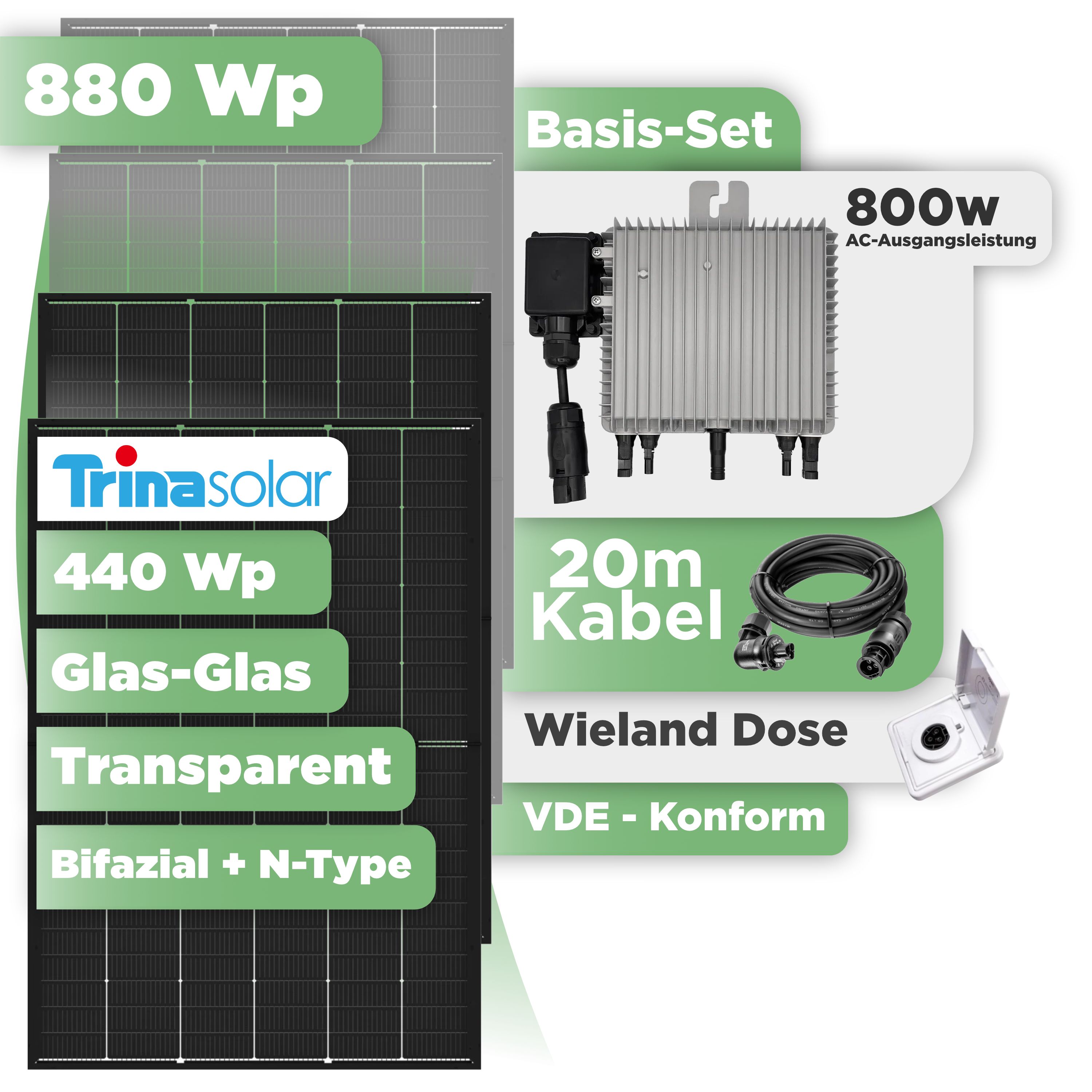 Balkonkraftwerk Basic Set 880 Wp — Trina 440 Wp Glas-Glas Bifazial Modul / 2 Module / Deye 800 W / Wieland Stecker + Dose / 20 m