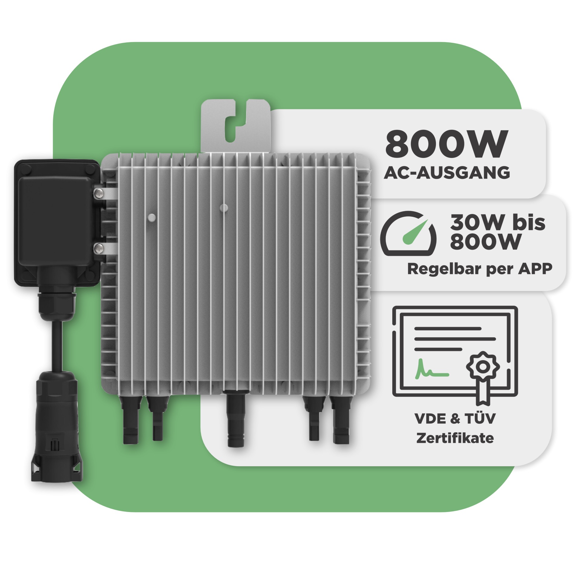 Balkonkraftwerk Basic Set 1000 Wp — Solyco 500 Wp Glas-Glas Fullblack-Modul Bifazial / 2 Module / Deye 800 W / Wieland Stecker + Dose / 20 m