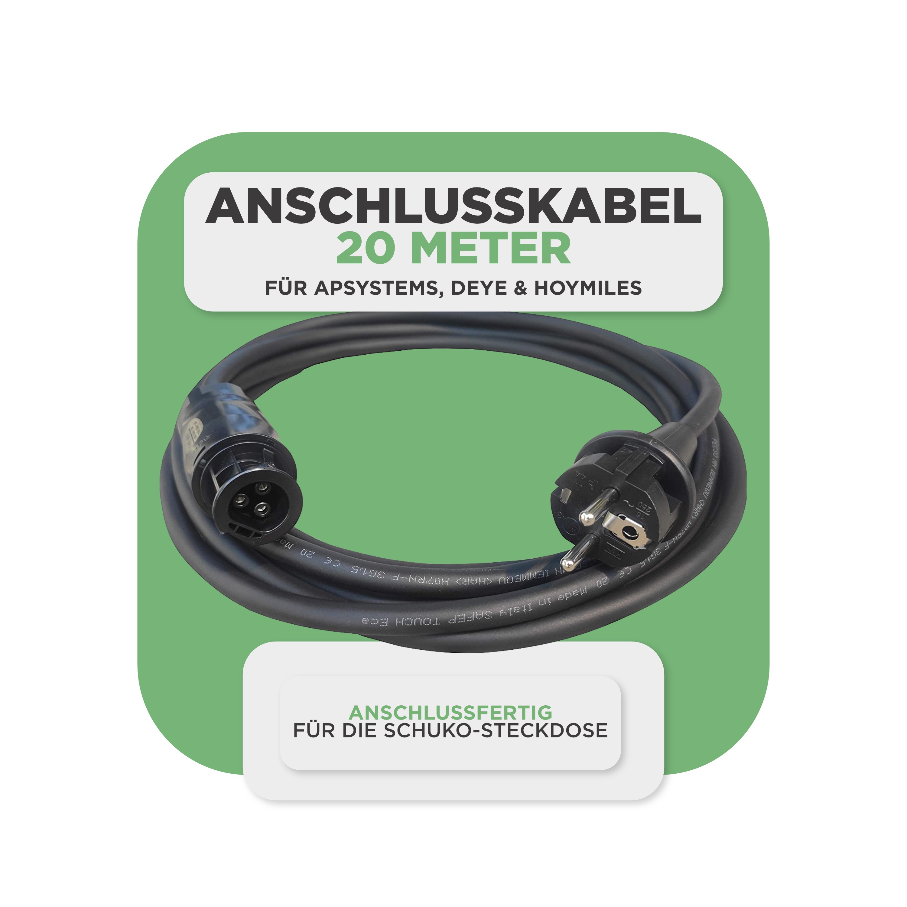 Balkonkraftwerk Basic Set 2000 Wp — Solyco 500 Wp Glas-Glas Fullblack-Modul Bifazial / 4 Module / Deye 2000 W / Schuko Stecker / 20 m