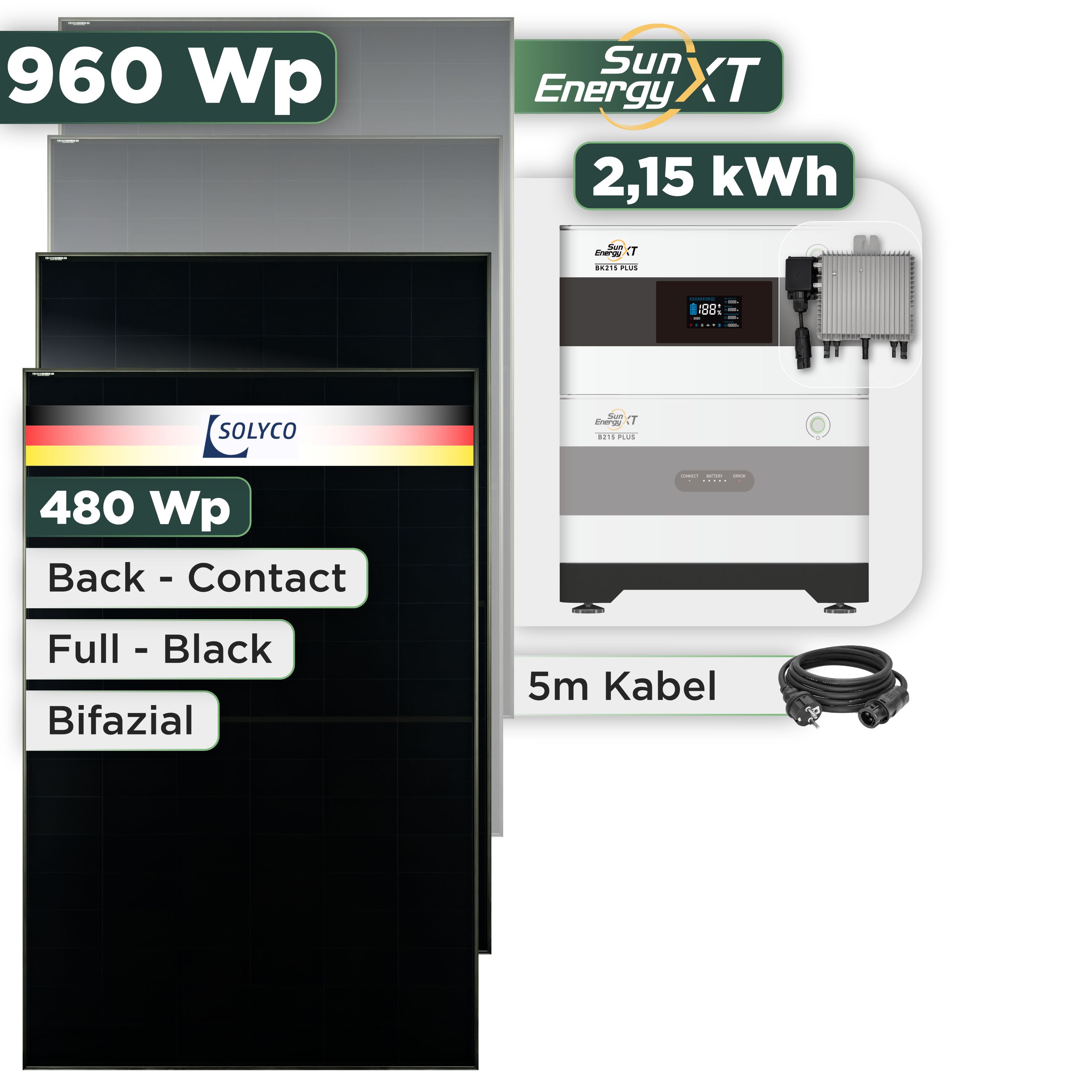 Balkonkraftwerk Set 960 Wp — SunEnergyXT Plus / 2,15 kWh / Solyco 480 Wp Glas-Glas Fullblack Back Contact Modul  / 2 Module / Deye 800 W / Schuko Stecker / 5 m