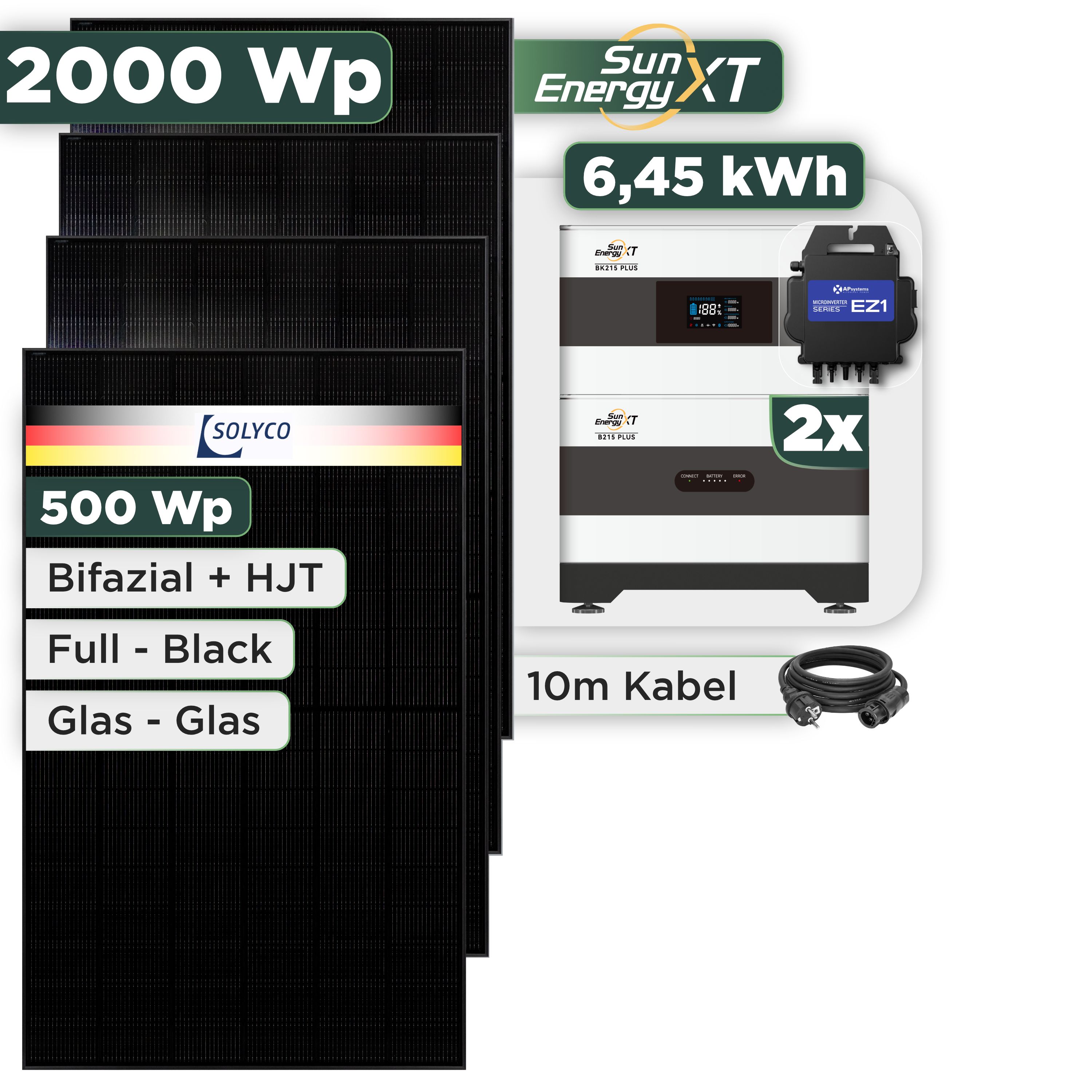 Balkonkraftwerk Set 2000 Wp — SunEnergyXT Plus / 6,45 kWh / Solyco 500 Wp Glas-Glas Fullblack-Modul Bifazial / 4 Module / APSystems EZ1-M (bis 800 W) / Schuko Stecker / 10 m