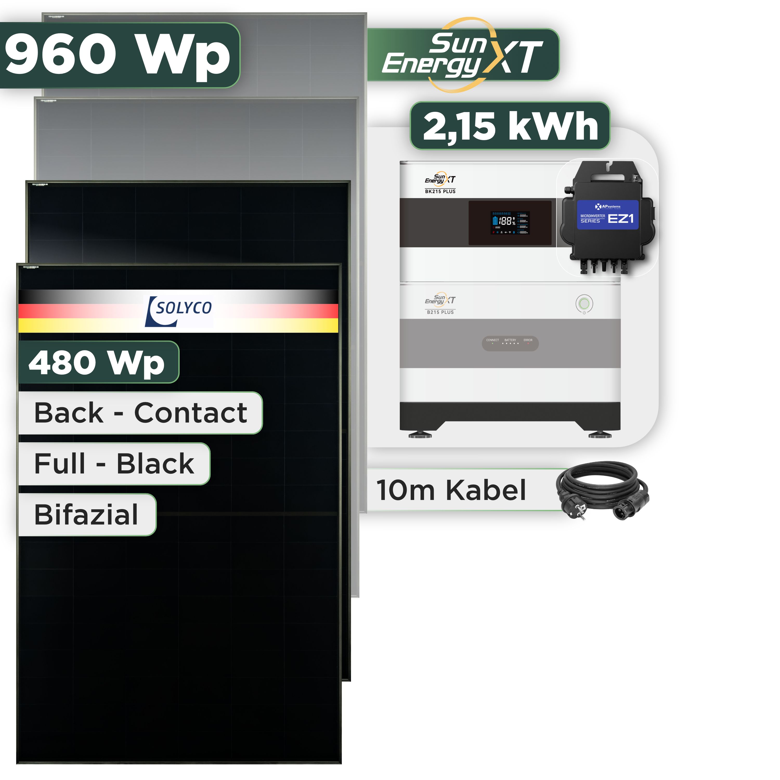 Balkonkraftwerk Set 960 Wp — SunEnergyXT Plus / 2,15 kWh / Solyco 480 Wp Glas-Glas Fullblack Back Contact Modul  / 2 Module / APSystems EZ1-M (bis 800 W) / Schuko Stecker / 10 m