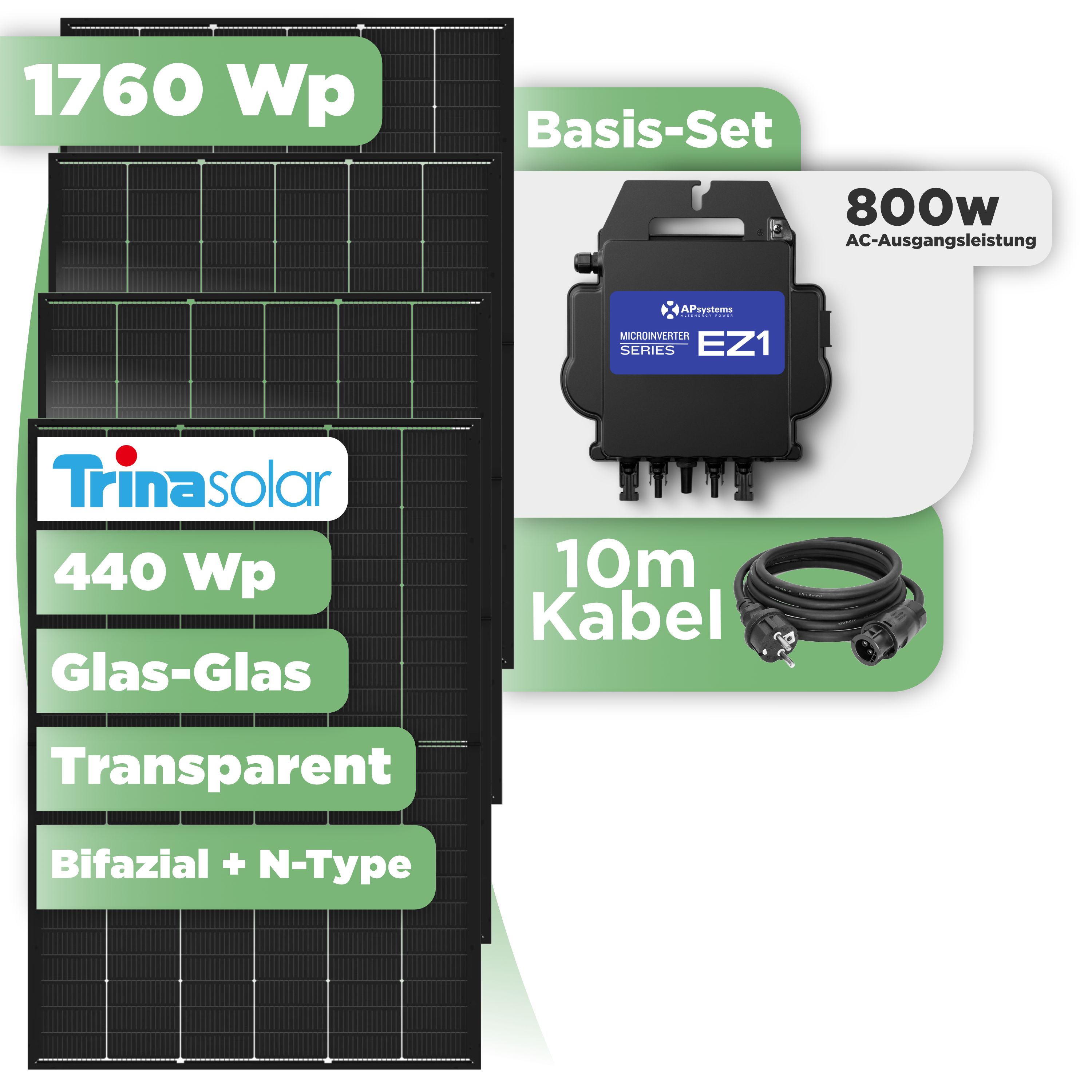 Balkonkraftwerk Basic Set 1760 Wp — Trina 440 Wp Glas-Glas Bifazial Modul / 4 Module / APSystems EZ1-M (bis 800 W) / Schuko Stecker / 10 m
