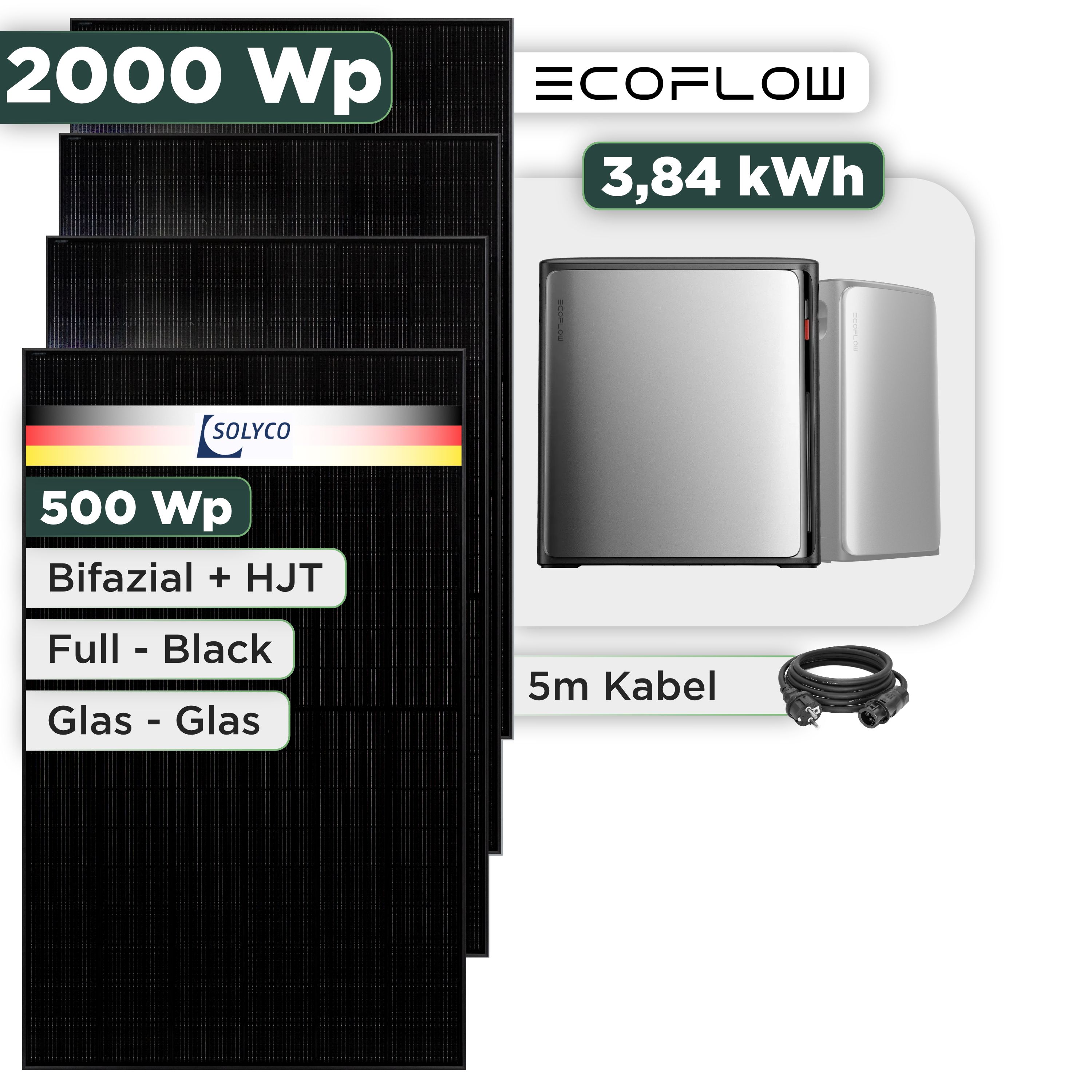 Balkonkraftwerk Set 2000 Wp — Ecoflow Stream Ultra X / 3,84 kWh / Solyco 500 Wp Glas-Glas Fullblack-Modul Bifazial / 4 Module / Schuko Stecker / 1,5 m