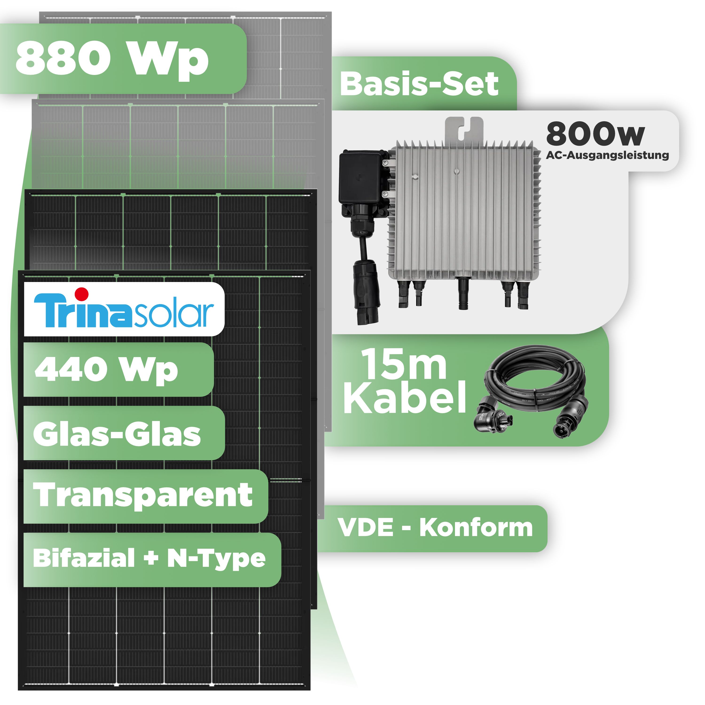 Balkonkraftwerk Basic Set 880 Wp — Trina 440 Wp Glas-Glas Bifazial Modul / 2 Module / Deye 800 W / Wieland Stecker / 15 m