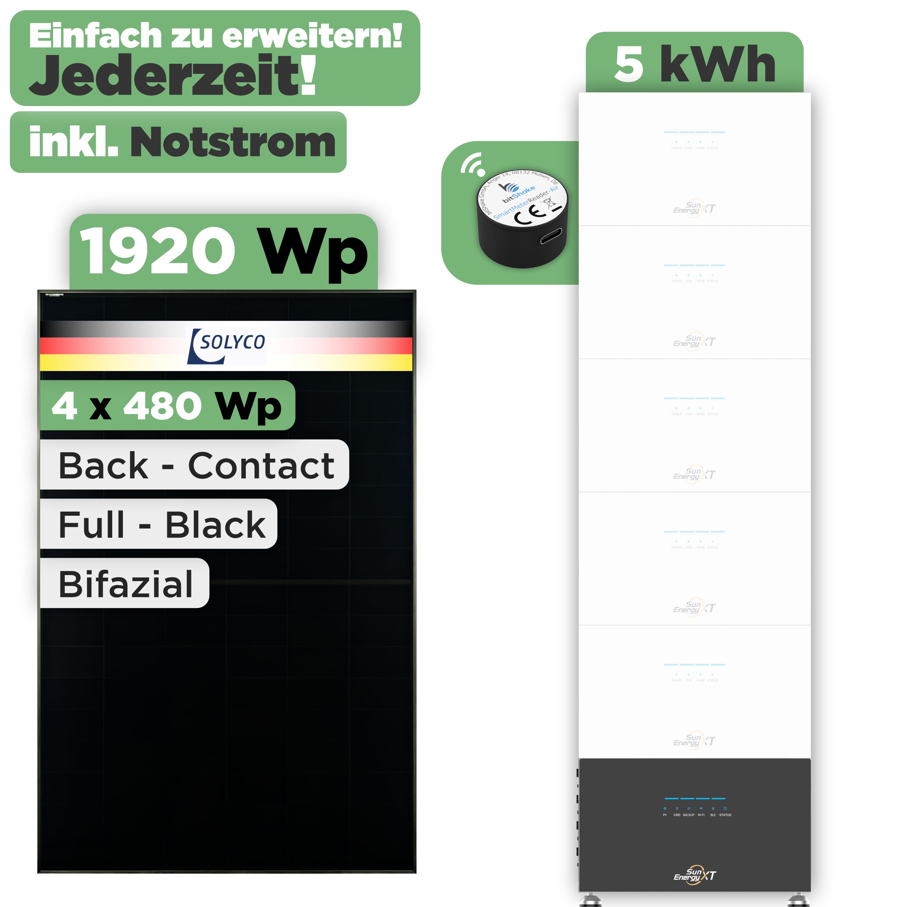SunEnergyXT 500 Serie 1920 Wp — SunEnergyXT 500 Pro (2400 W) / 5 kWh / IR Lesekopf / Solyco 480 Wp / 4 Module