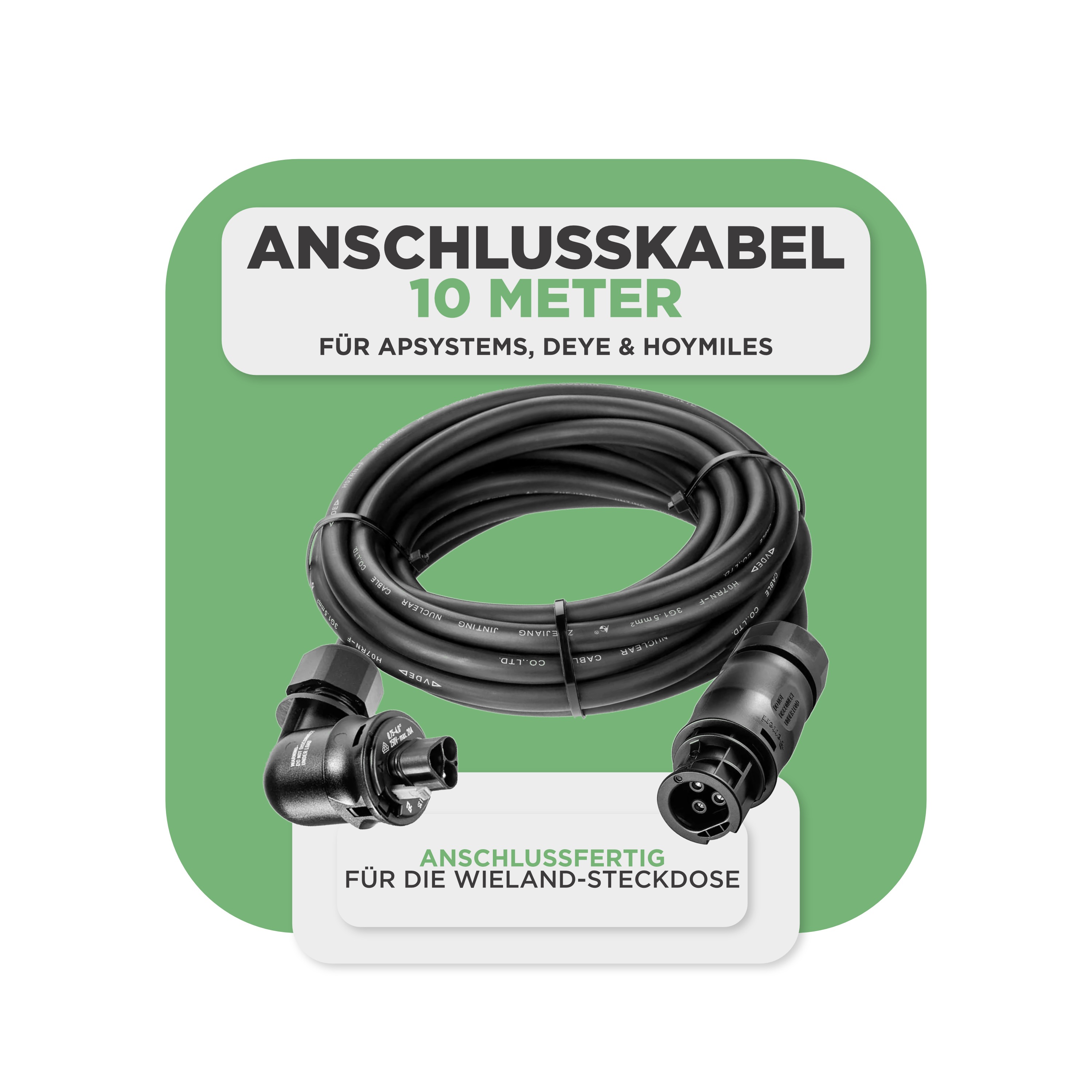 Balkonkraftwerk Basic Set 2000 Wp — Solyco 500 Wp Glas-Glas Fullblack-Modul Bifazial / 4 Module / Deye 2000 W / Wieland Stecker + Dose / 10 m