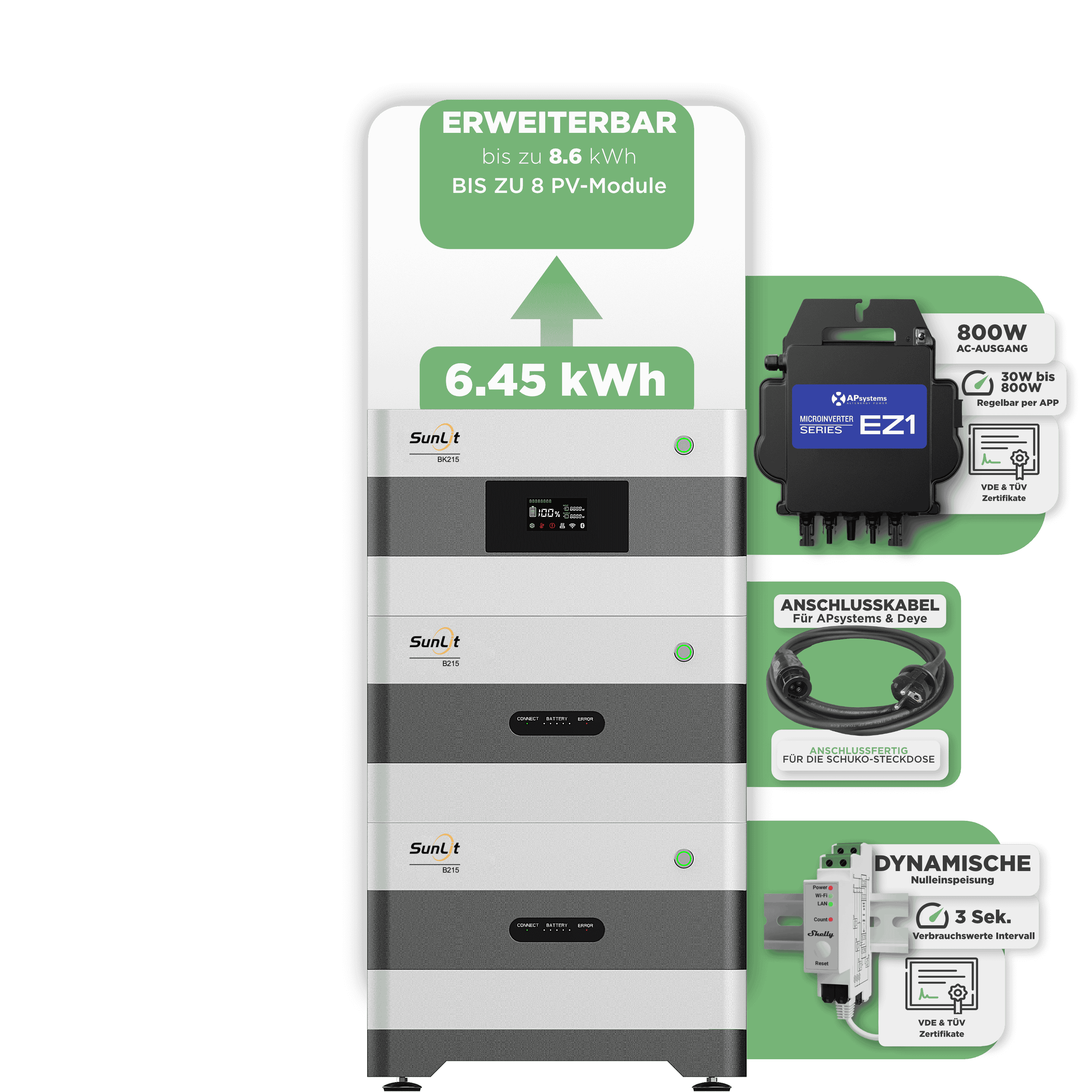 Sunlit Balkonkraftwerkspeicher — 6.450 Wh / mit Shelly 3EM Pro / 800 W (Apsystems EZ1-M) / 20 m Schuko Kabel